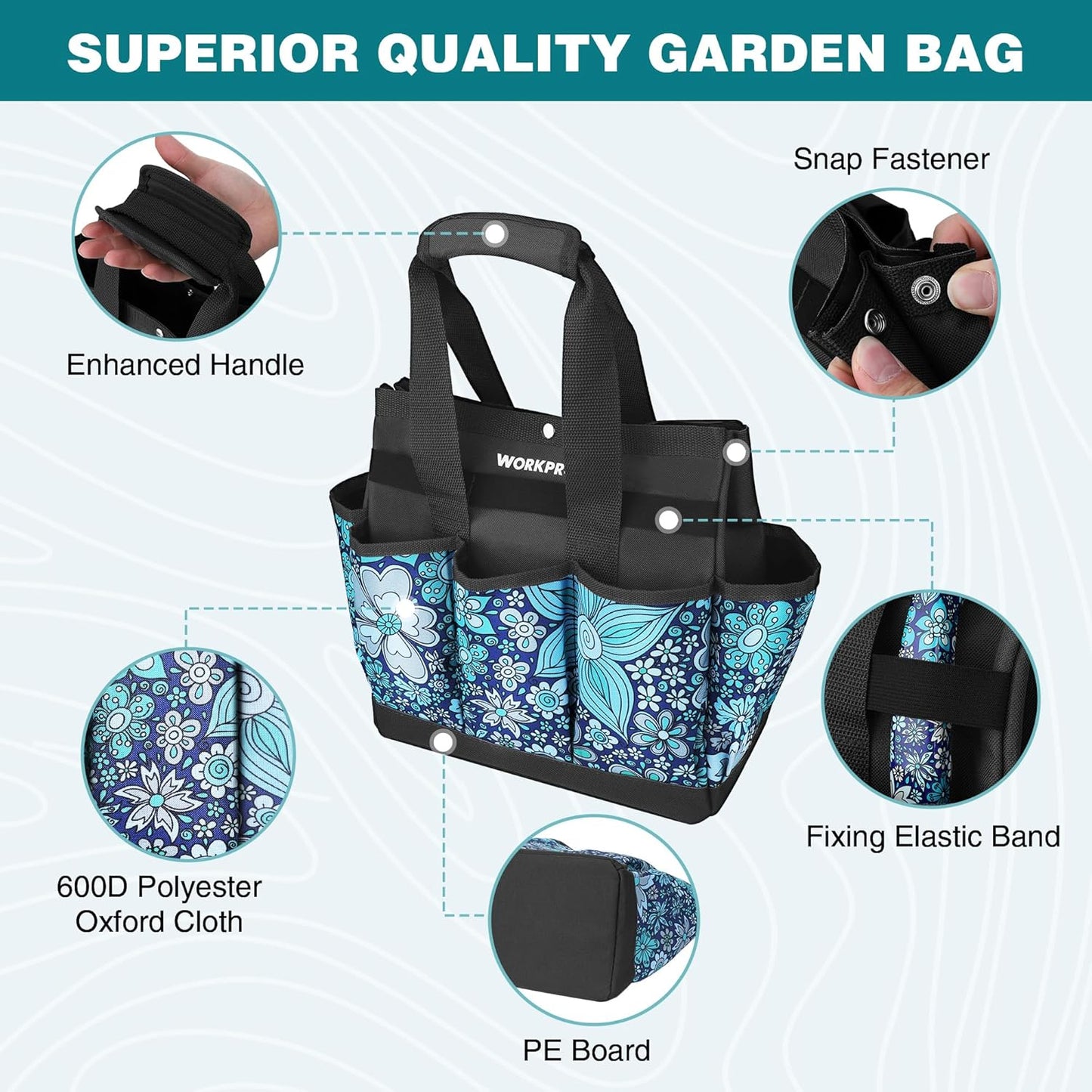 WORKPRO Garden Tool Bag, 9 Pockets Gardening Bag, Heavy Duty Oxford Garden Tote Caddy (Tools NOT Included), 12" x 12" x 6" (Floral Blue)