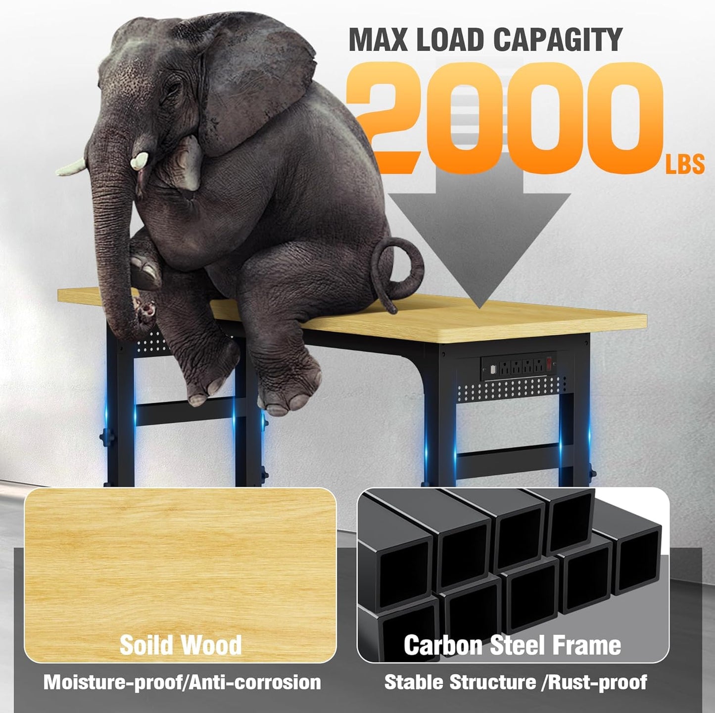 60" Heavy Duty Work Bench with Wheels, Adjustable Height 2000 Lbs Garage Workbench w/Pegboard Pad & Power Outlets, Portable Mobile Tool Work Table for Woodworking Workshop Home Office (60" L)