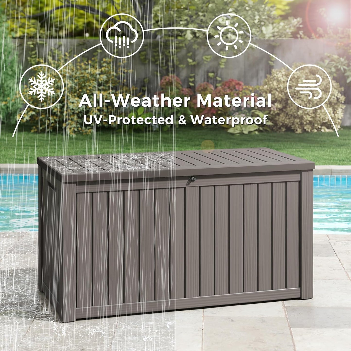 KAMABOKO Outdoor Storage Box, 150 Gallon Large Outdoor Resin Deck Box, Storage Waterproof Boxes Lockable Lid for Garden Tools, Pool Supplies, Patio Furniture and Cushions, Grey