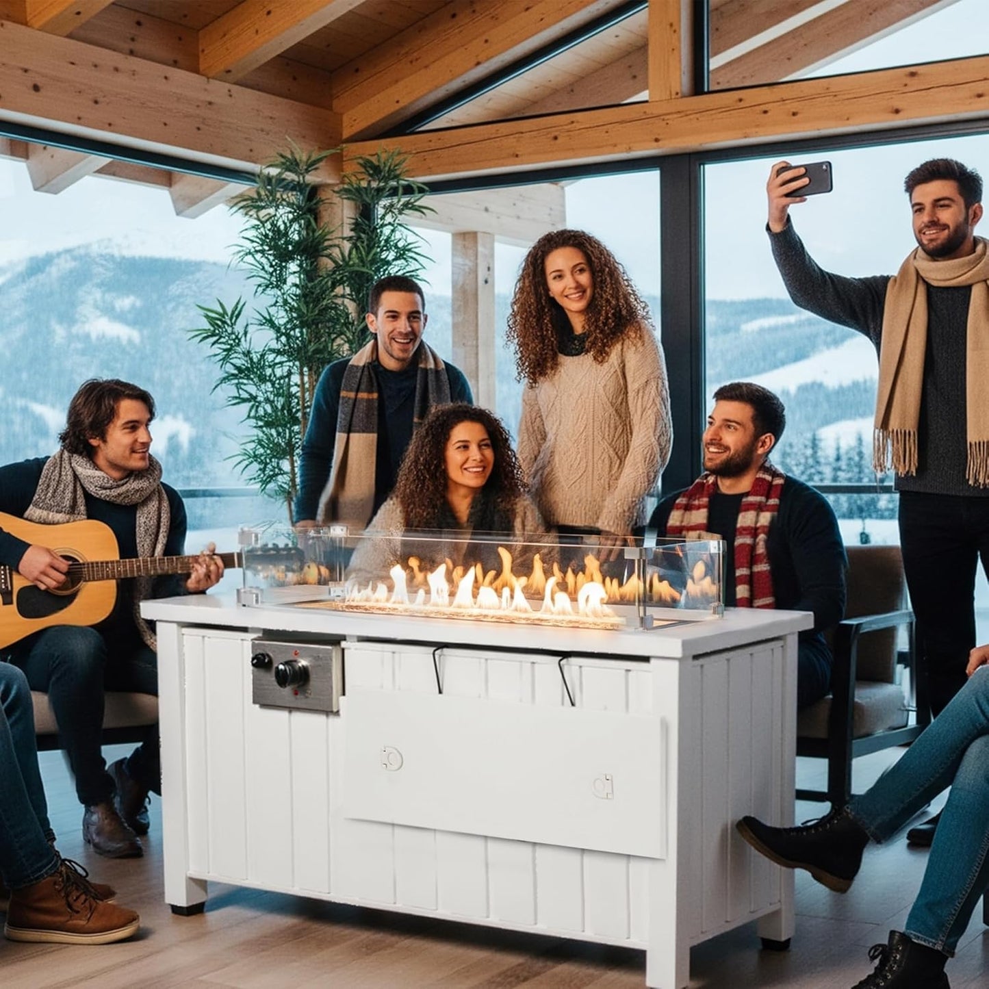 KOL 50,000 BTU Propane Fire Pit Table with Cabinet-39.5in White Gas Fireplace with Glass Wind Guard & Lid, Outdoor Rectangular Cold Rolled Plate Plastic Spraying Firepits for Patio, Backyard, Balcony