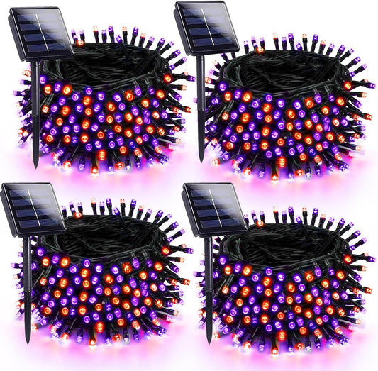 4 Pack 180FT Halloween Solar Lights Outdoor Waterproof, 320LED Orange and Purple Solar String Lights Green Wire 8 Modes, Solar Fairy Twinkle Lights for Halloween Tree Garden Horror Party Decorations