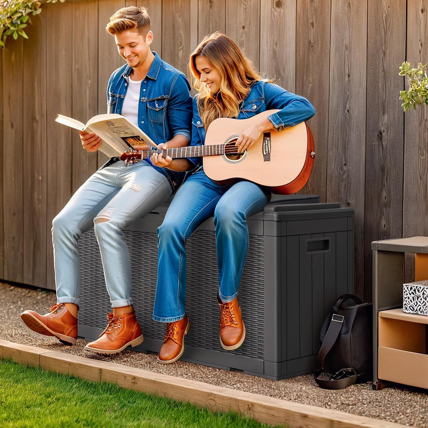 Greesum 100 Gallon Resin Deck Box Large Outdoor Storage with Cushions for Patio Furniture, Garden Tools, Pool Supplies, Weatherproof and UV Resistant, Lockable,Gray