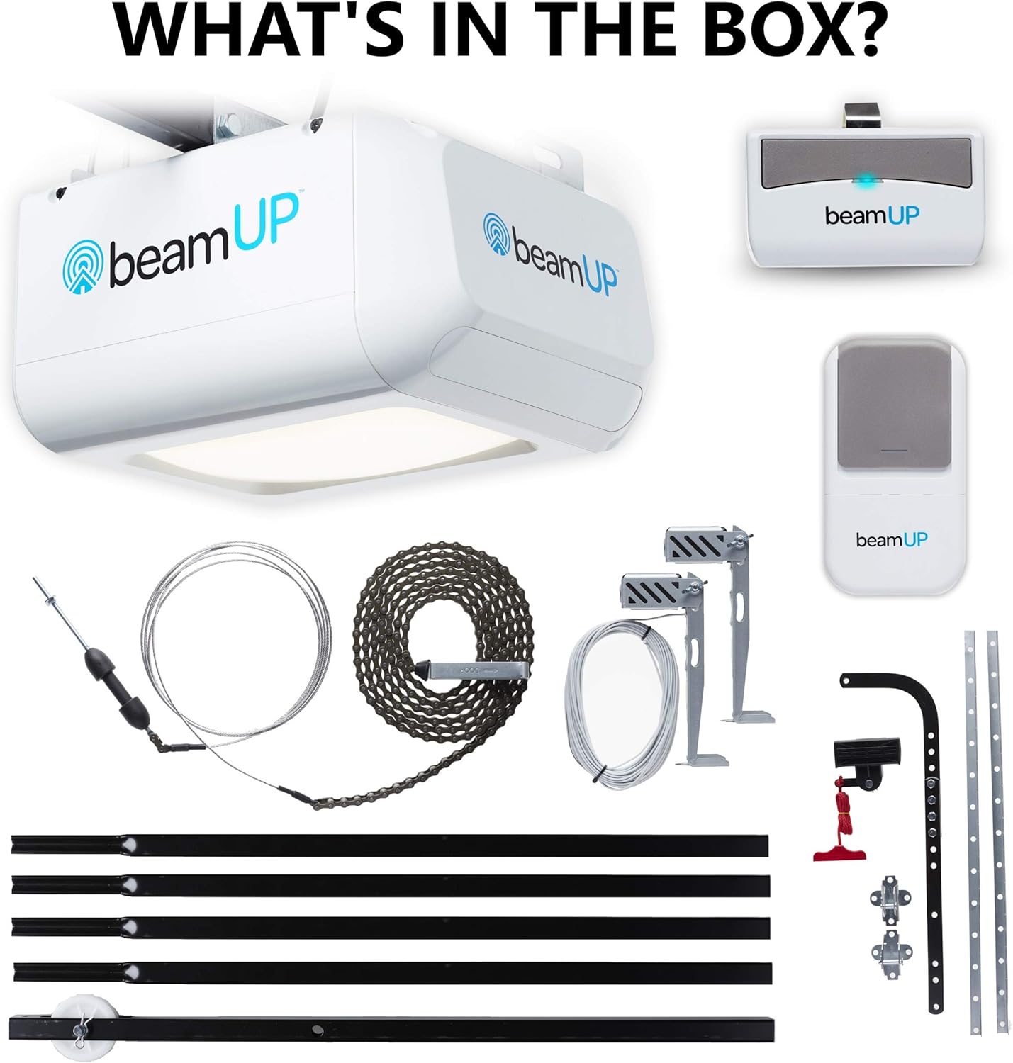 Workhorse BU100 Overhead Garage Door Opener with Heavy-Duty Chain Drive for Single or Double Doors, Wall Mount, and Remote Garage Opener Included, Quick and Easy Installation, White