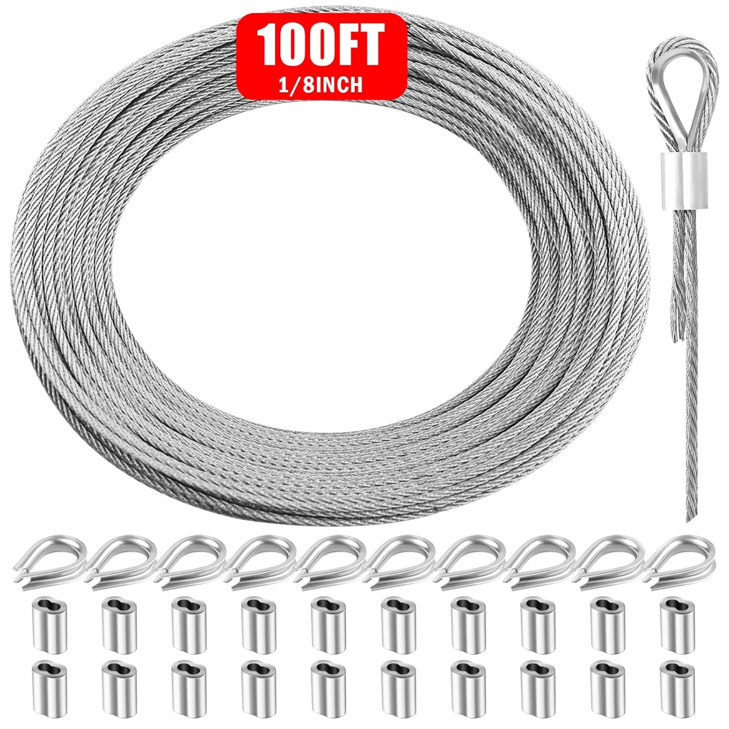 Metal Wire 1/8 inch Carbon Steel Galvanized Cable 100FT Length Aircraft Cable 7x7 Strand Core Picture Hanging Wire with 10 Pcs Thimbles and 20 Pcs Aluminum Sleeves