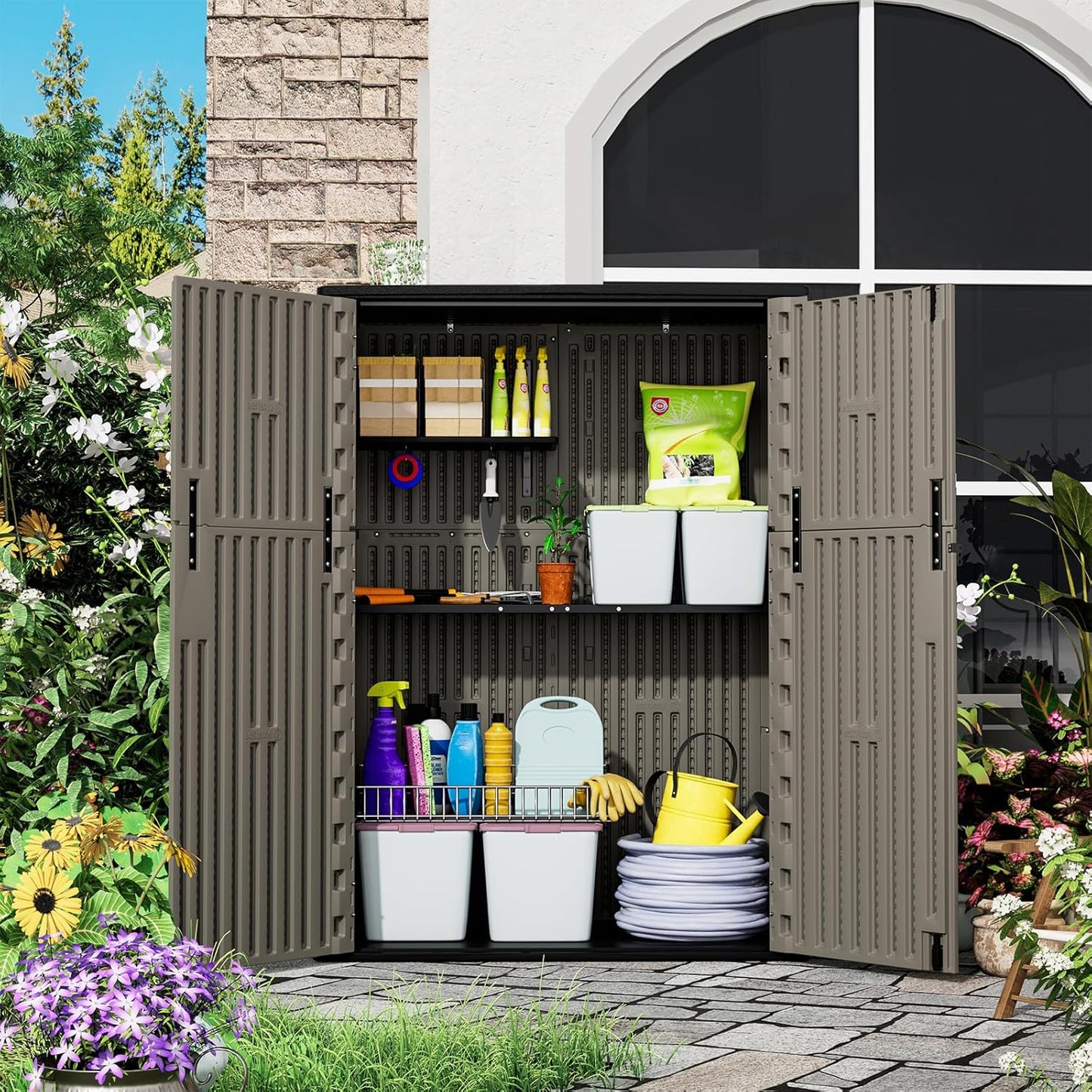 HOMSPARK 47 Cu.Ft Outdoor Storage Shed Weather Resistant, Multi Functional | Double-Wall Resin Storage Sheds & Outdoor Storage Box Waterproof for Backyard Garden Patio Lawn (Brown)