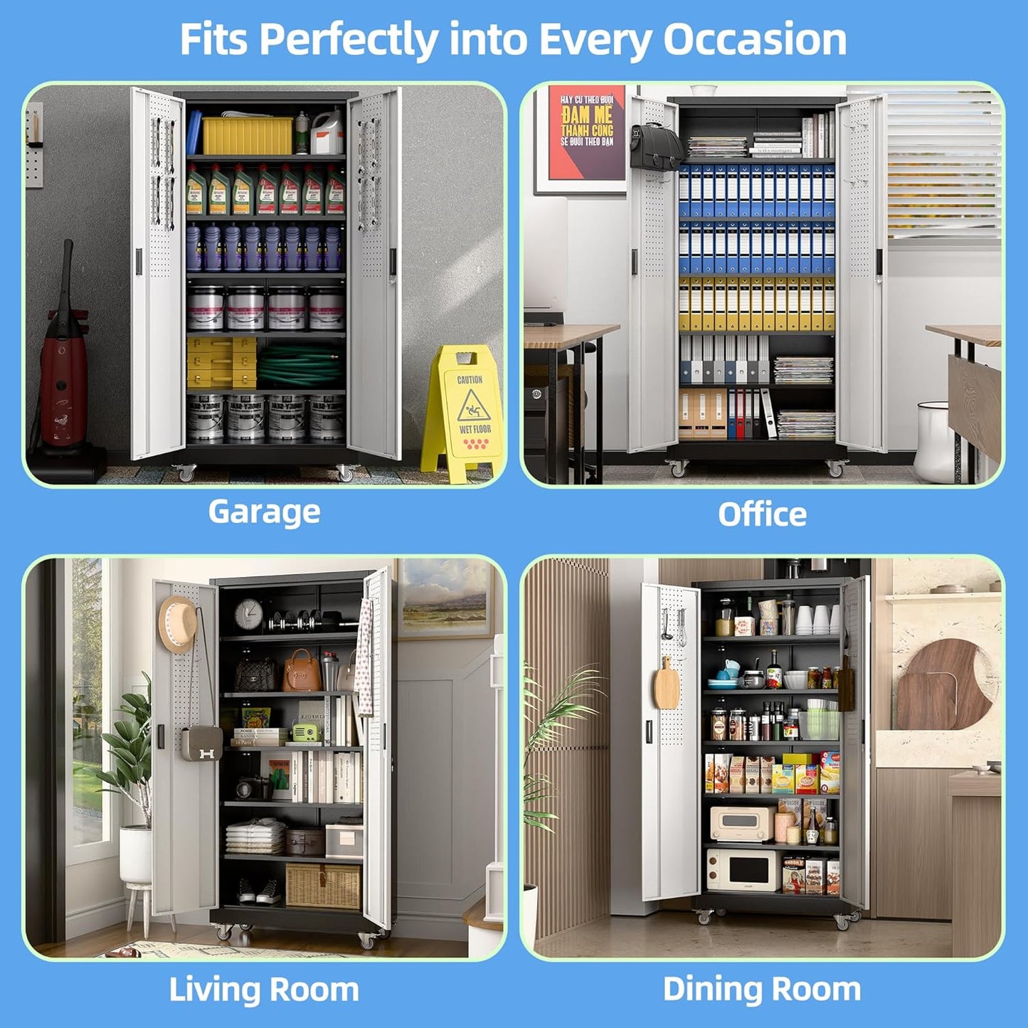 Upgraded Wide & Deep Metal Garage Storage Cabinet with Wheels & Pegboard, Lockable Metal Storage Cabinets with 2 Doors&5 Adjustable Shelves for Garage&Home,Assembly Required,Black Gray