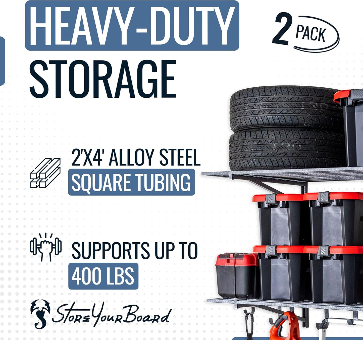 StoreYourBoard 2-Pack Heavy Duty Wall Shelves – Wall-Mounted Garage Storage Shelving and Organization for Sheds, Closets, or Utility Rooms – Holds 200 lbs, 2ft x 4ft, Hammered Gray