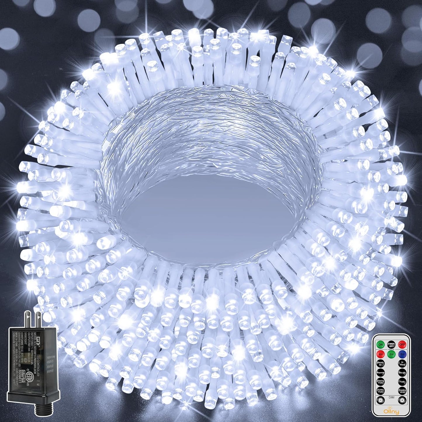 Ollny Outdoor String Lights 800LED 262FT, Cool White Waterproof Fairy Light with Remote Plug in, 8 Modes Timers Dimmable Christmas Lights for Outside Indoor Bedroom Patio Camping Garden