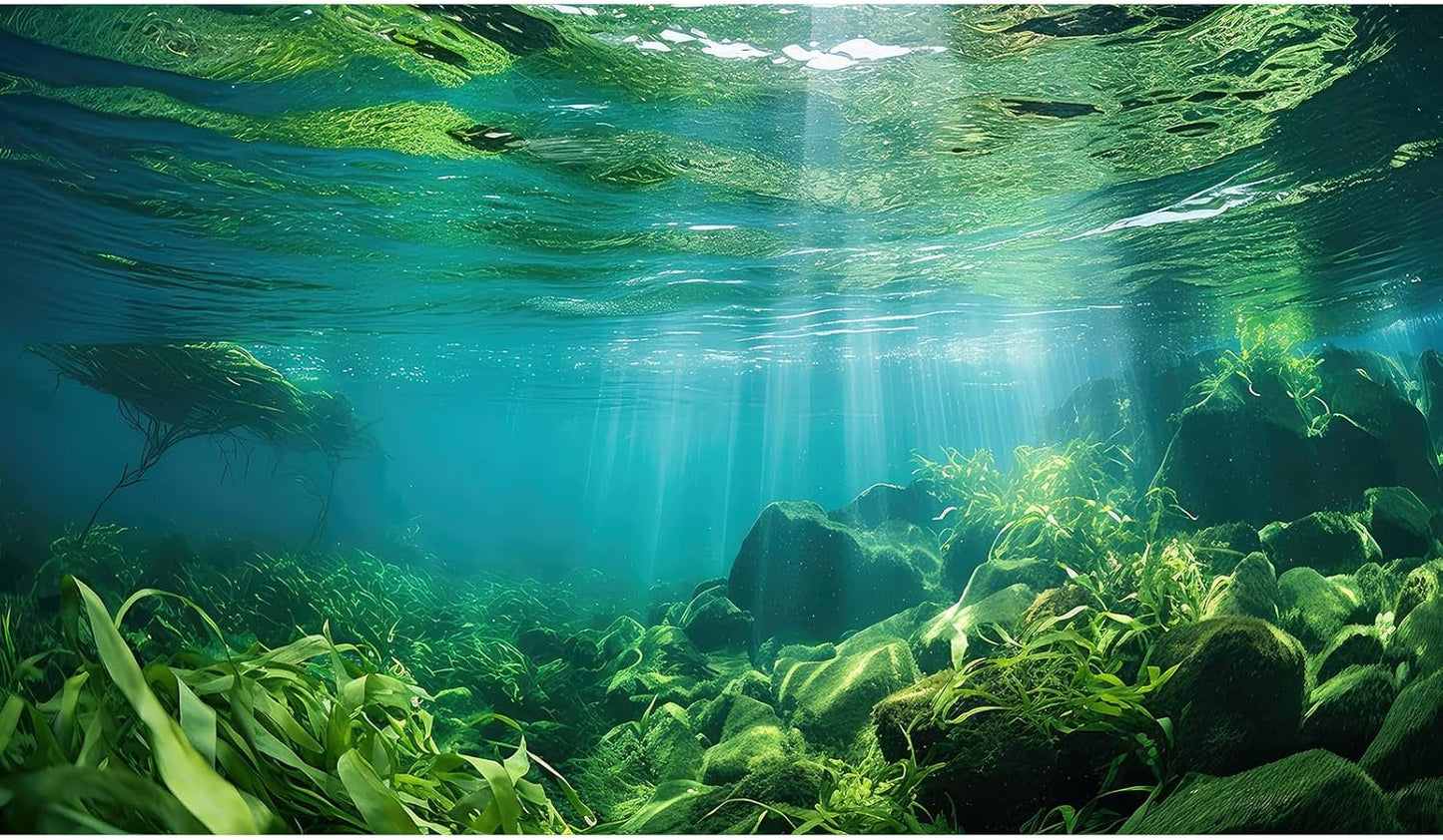 Under The Sea Fish Tank Background Aquatic Plants Deep Sea Aquarium Background Underwater Sunray Rock with Moss Terrarium Backgrounds Deep Ocean Floor Tropical Fish Tank Backgrounds 48x18in