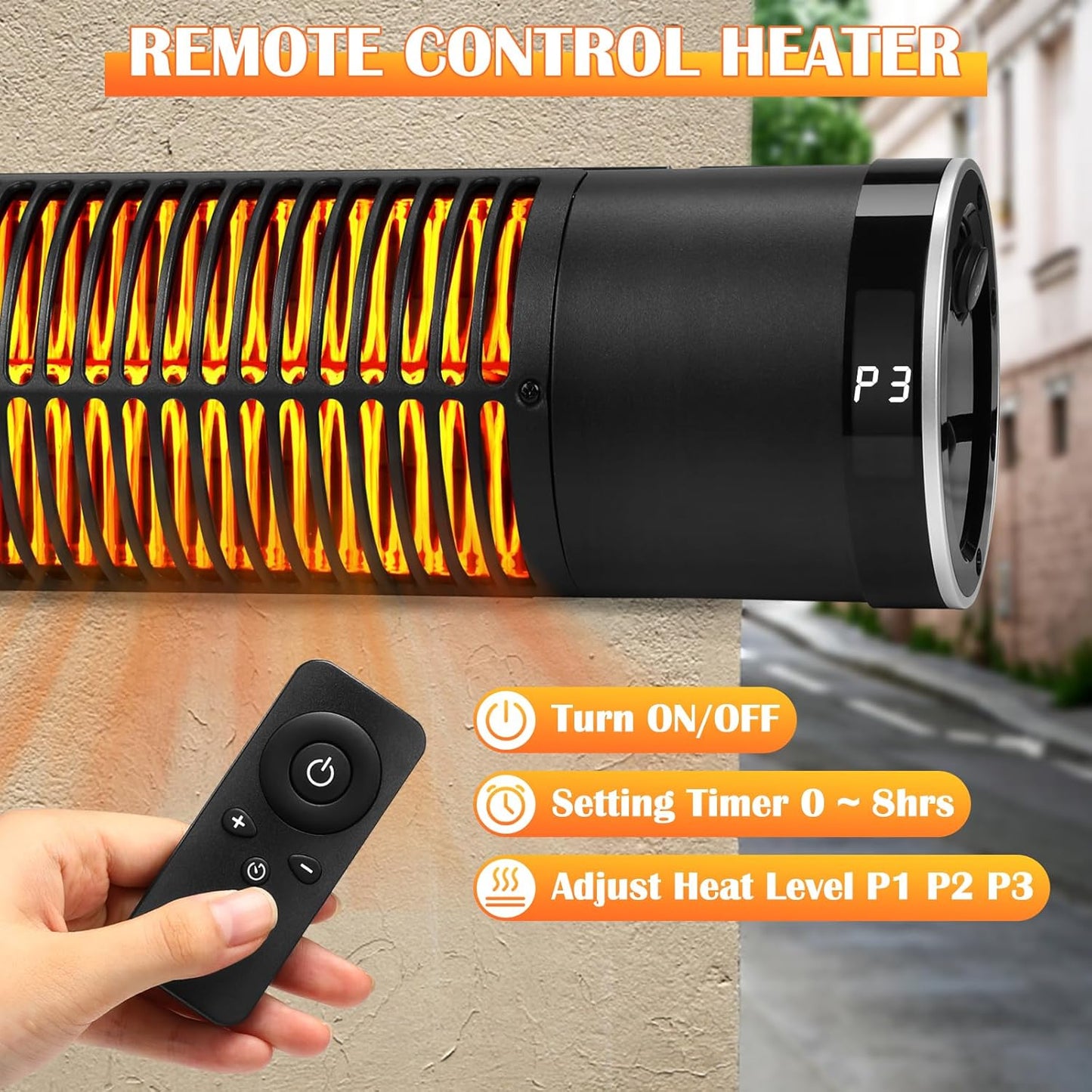 Electric Outdoor Heater, 1500W Patio Heater for Outdoor Use, Wall-Mounted Carbon Infrared Heater,With Remote, 3 Heat Levels, 8H Timers, Radiant Heater for Garage, Gazebos, Shop, Pack of 2