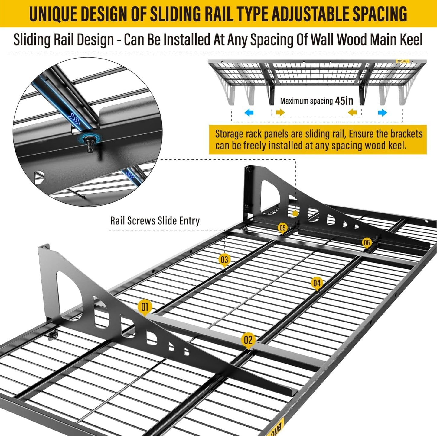 1.64x4ft Adjustable Rail Wall Garage Storage Shelf, for Tool Room, Storage Room, Store Supermarket Wall Storage Shelving Rack (4 Pack-Black)