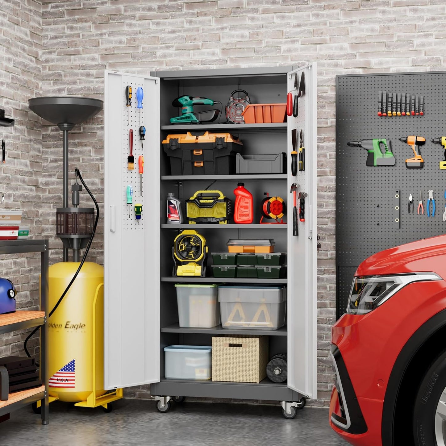 71" H×32" W×16" D Garage Storage Cabinet with Wheels & Pegboard, Locking Metal Storage Cabinet with Doors and 5 Adjustable Shelves & & 4 Hooks for Garage Warehouse Home Office, White and Gray