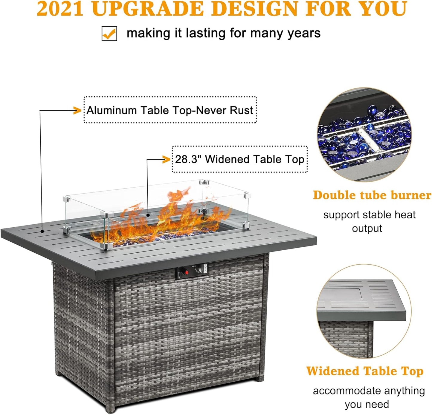 LayinSun 44" Propane Gas Fire Pit Table, 55000 BTU Rectangular Fire Pit with Glass Wind Guard for Outside Patio Deck Garden Backyard Gray-Aluminum Top