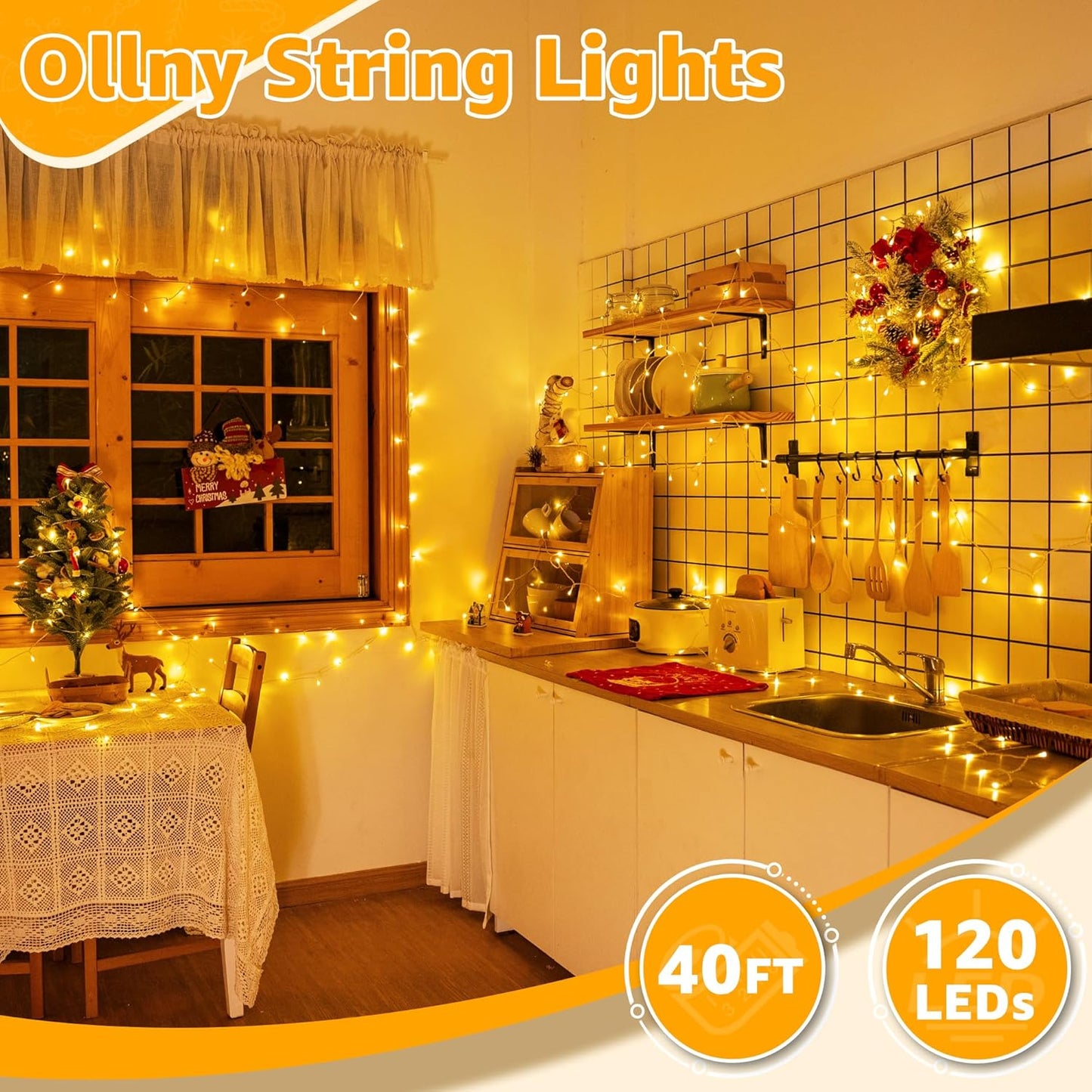 Ollny 120LED 40FT String Lights, Waterproof Connectable Fairy Lights with Timer 8 Modes, Warm White Plug in Christmas Light for Indoor Outdoor Patio Party Bedroom Classroom Decor