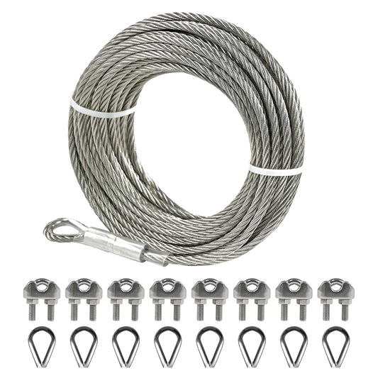 1/4" Stainless Steel Cable 50FT Wire Rope with Clamps and Thimble, 7X19 Strands Aircraft Cable for Zipline, Outdoor, Deck Railing, Heavy Duty Applications, Hanging, 6400lbs Breaking Strength