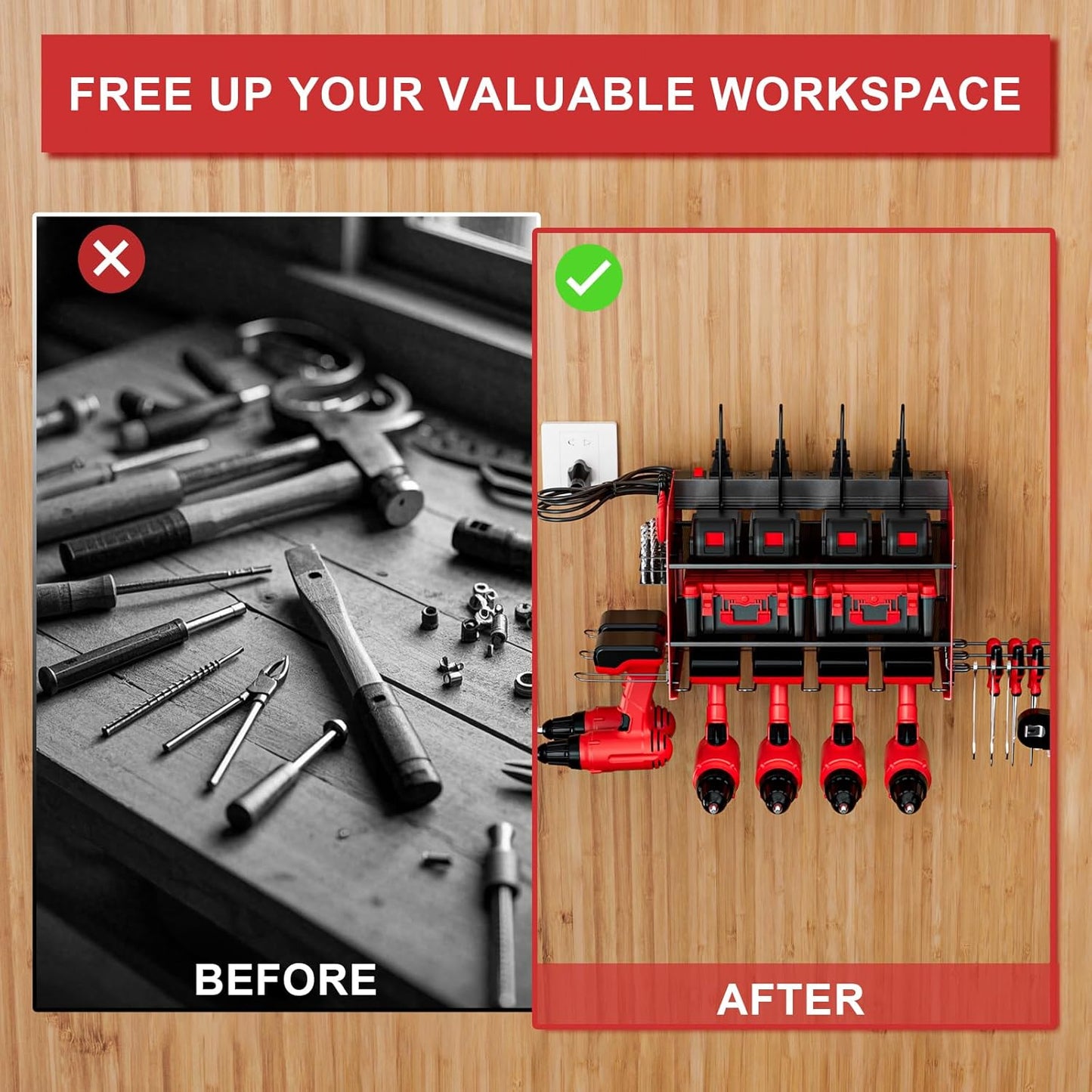 Power Tool Organizer with Charging Station, 6 Drill Holder Wall Mount, 3 Layer Garage Tool Organizer with Hooks, Screwdriver, Drill Bit Rack, Heavy Duty Utility Shelf for Garage, Gifts for Men