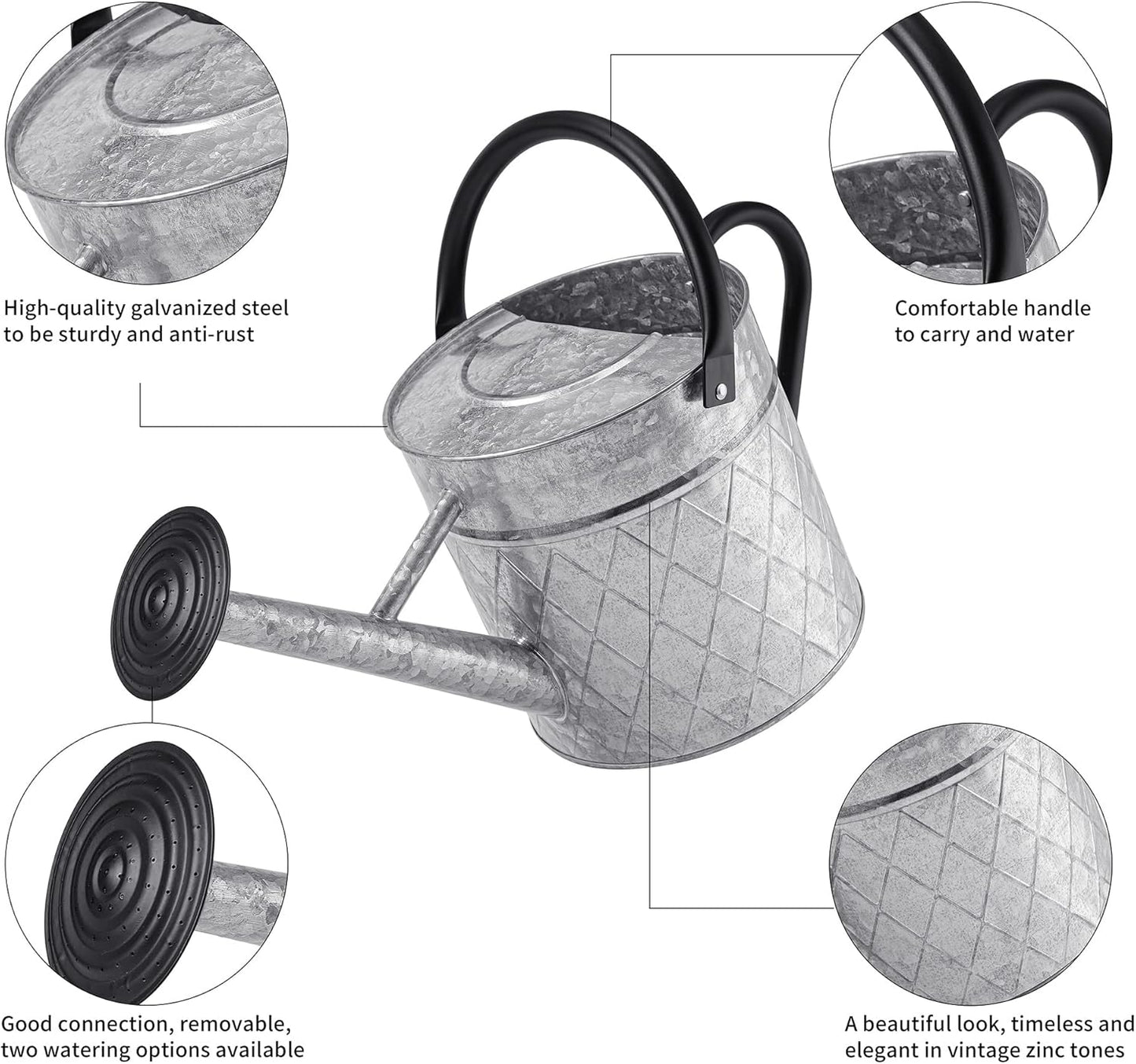 1.75 Gallon Outdoor Galvanized Metal Watering Can for Garden Plants, Vintage Zinc Watering Can with Removable Spray Spout, Ideal for Outdoor Use (Silver)