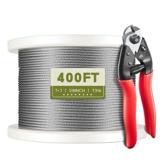 KALLDSY 400FT 1/8" T316 Stainless Steel Cable, Wire Rope Aircraft Cable for Deck Cable Fence Railing Kit, and DIY Balustrades, 7x7 Strands Construction, Comes with a Cutter