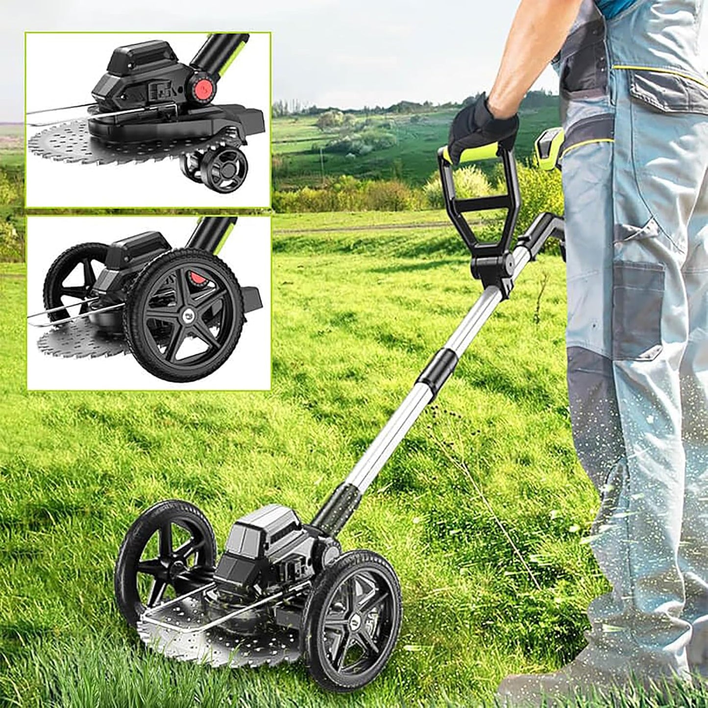 4 in 1 Cordless Weed Eater Pro, Electric Weed Wacker, Grass Trimmer Battery Powered with 2 Batteries, Brush Cutter & Grass Trimmer & Lawn Edger & Four-Wheel Assist with 3 Types of Blades