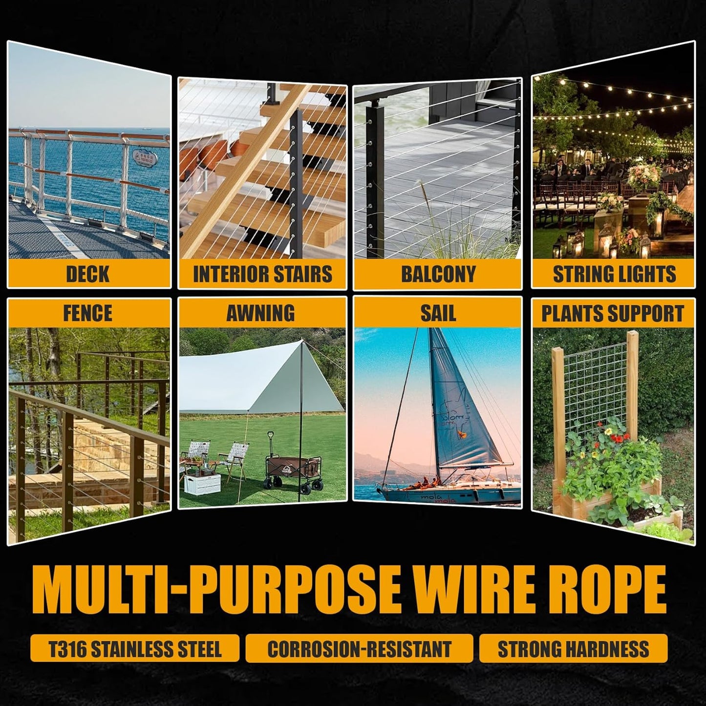 100FT 1/8" Stainless Steel Cable Black 7x7 Strands Aircraft Cable T316 Wire Rope with Cable Cutter 1800lbs Breaking Strength for Deck Cable Railing, Stair, Fence, DIY Balustrades