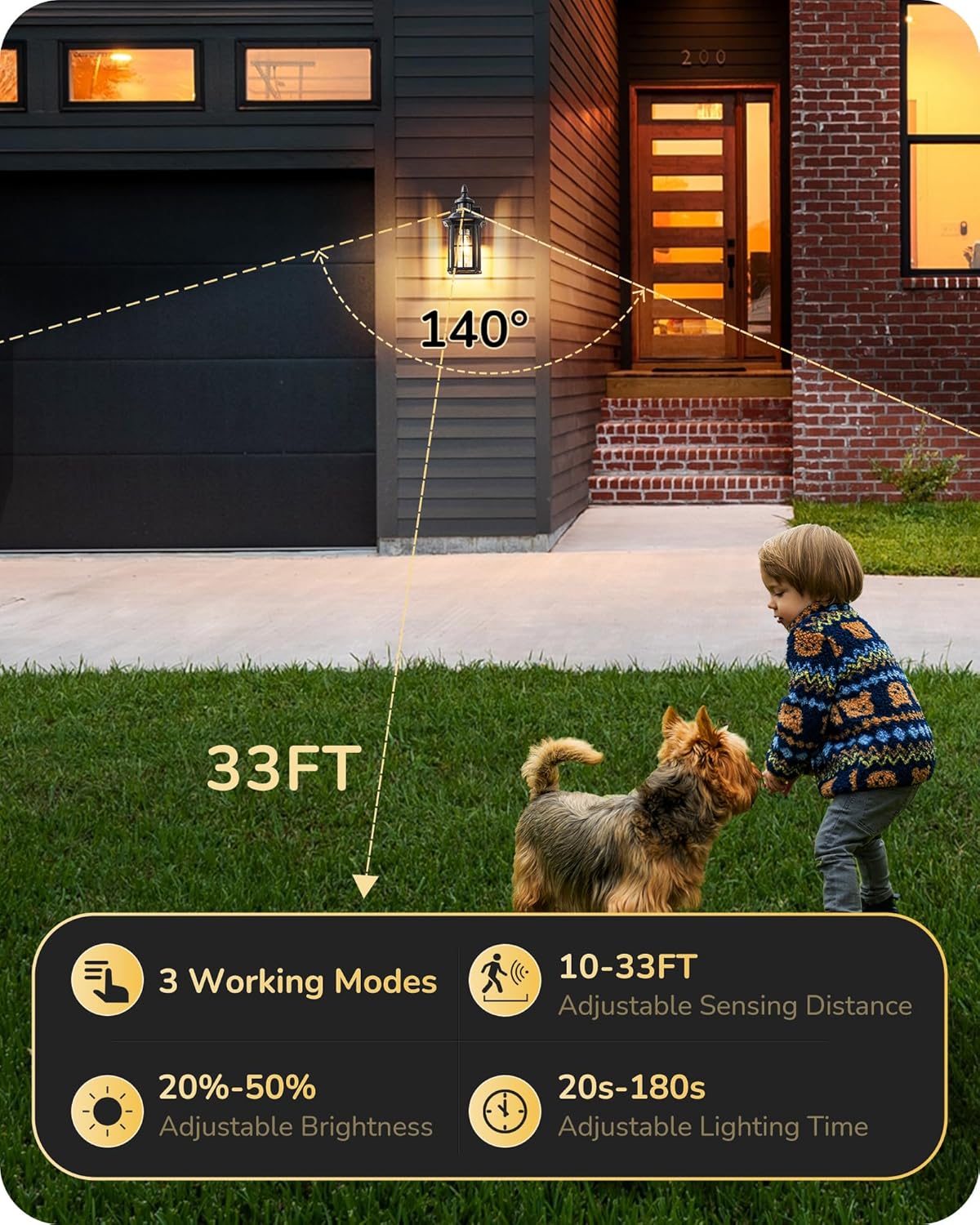 EDISHINE Motion Sensor Outdoor Wall Light, Dusk to Dawn Front Porch Light Fixture, Outdoor Wall Sconce with Clear Glass, Black Exterior Wall Lantern for Door, Garage, Patio, House