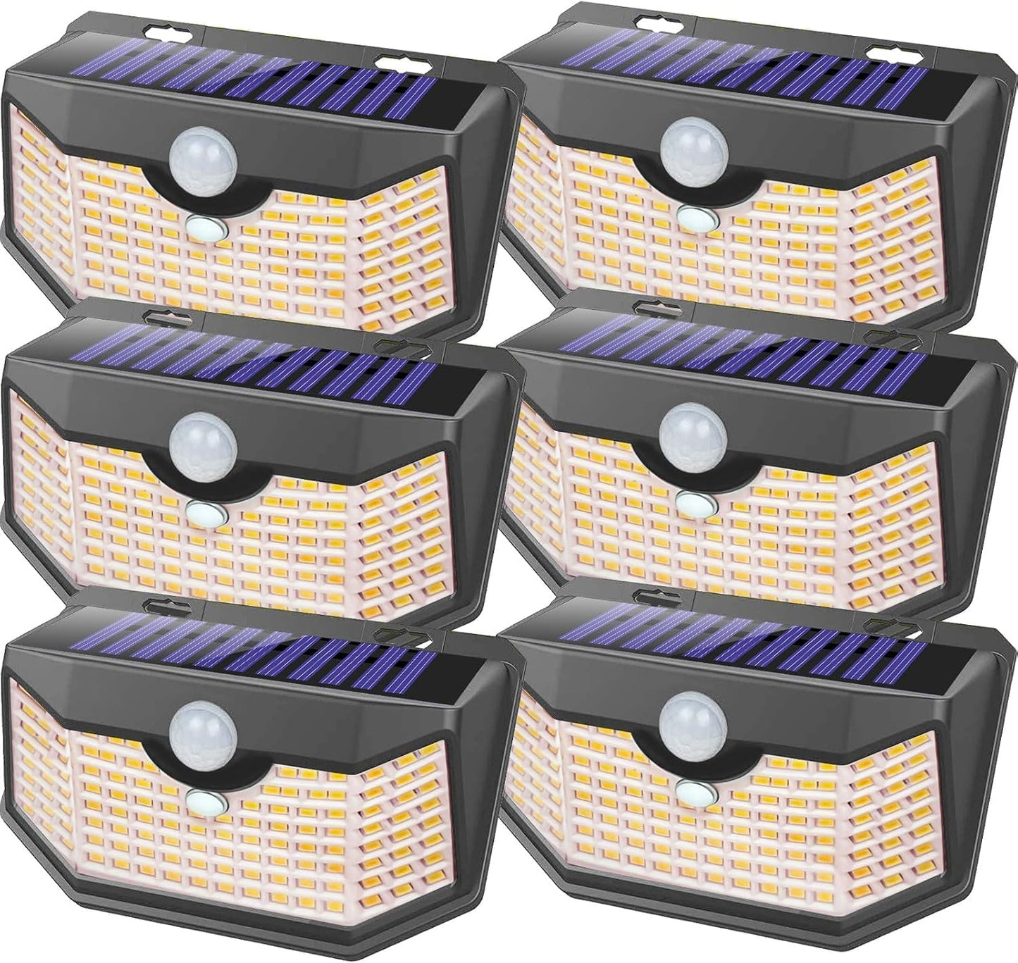 HMCITY 120 LED Outdoor Solar Lights- with Motion Sensor and 3 Lighting Modes, IP65 Waterproof Wide Solar Wall Lights Ideal for Garden Patio Yard (Front Button 6Packs, Warm White)