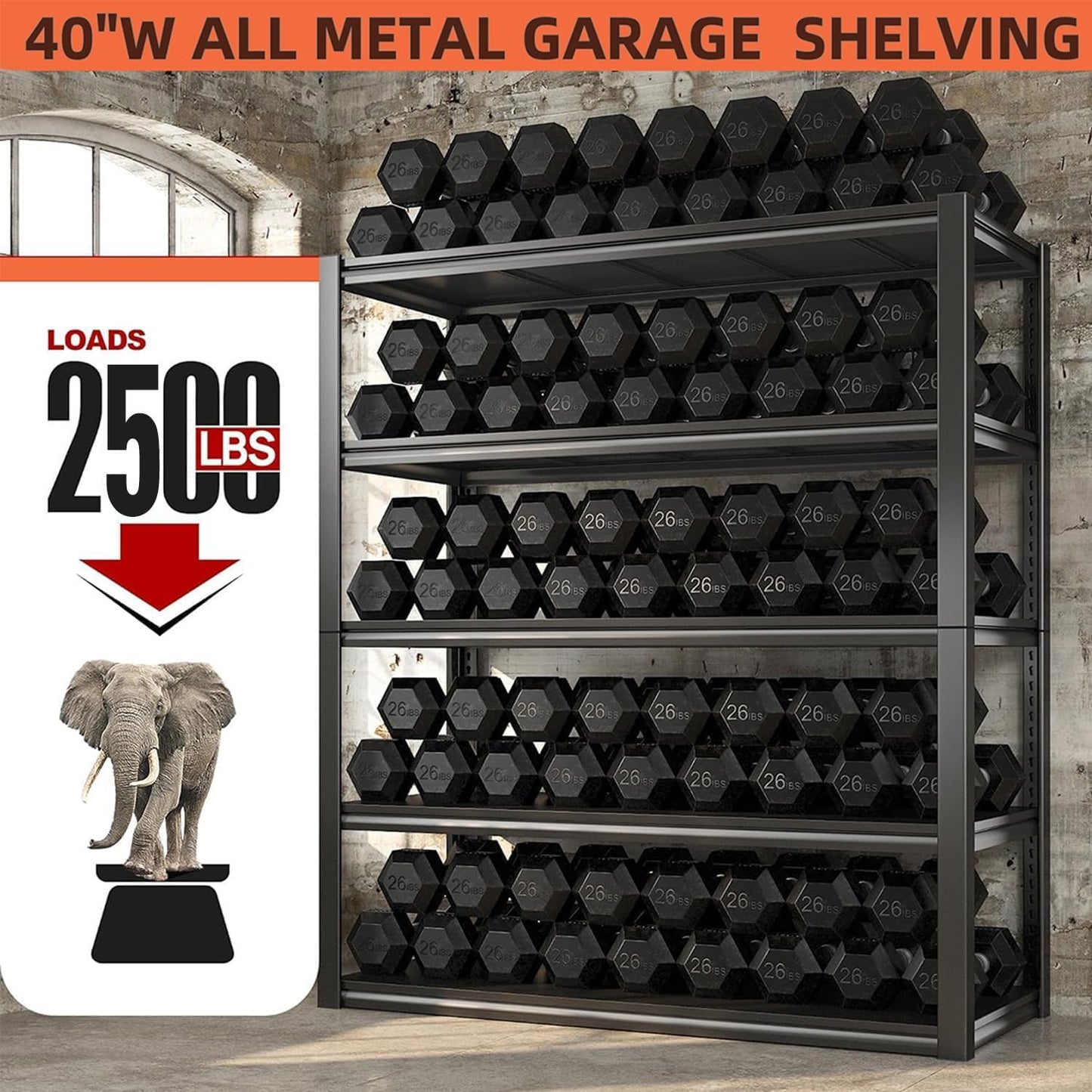 REIBII Garage Shelving Heavy Duty 2500LBS Storage Shelves 40" W Garage Shelves Heavy Duty Shelving Metal Shelves for Warehouse, Basement, Pantry, 40" W x 17.7" D x 72.2" H