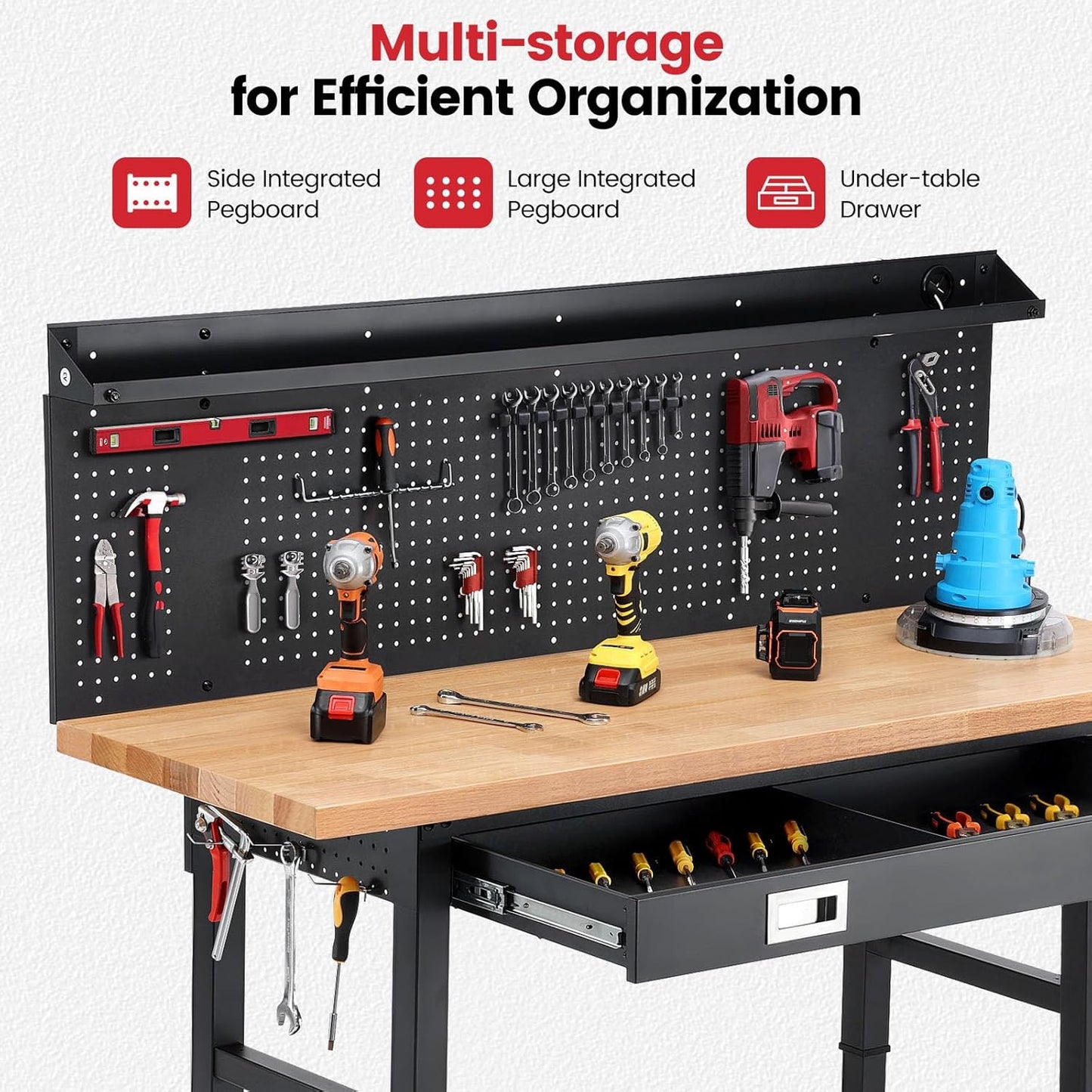 Workbenches for Garage Work Bench with Wheels 60 Inch Adjustable Rubber Wood Top Garage Workbench with Drawers, Pegboard, Power Outlets for Woodworking, Home, Office, Workshop