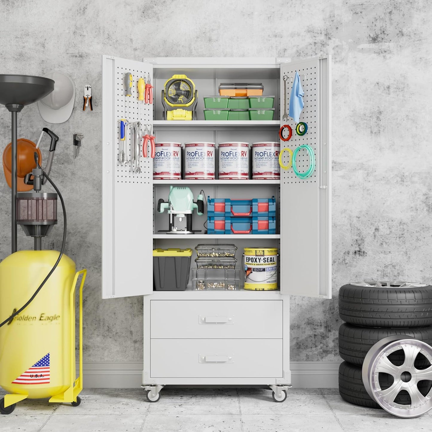 Upgraded Metal Garage Storage Cabinet with Wheels and 2 Drawers, Rolling Tool Cabinet with 3 Shelves and Pegboard Behind The Door for Home Office Garage,Assembly Required,White