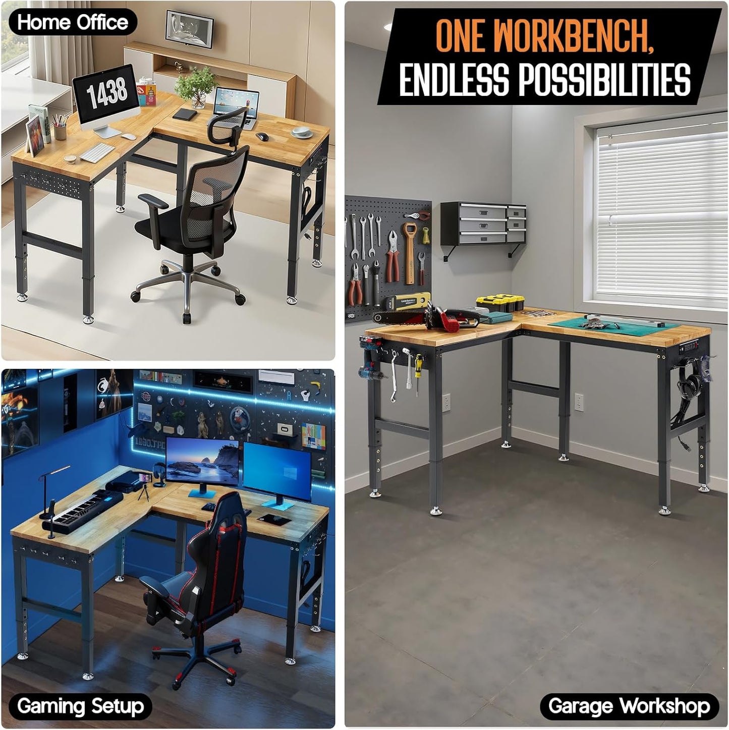 Albott 56"x48" L-Shaped Adjustable Workbench with Storage & Power Strip, Heavy Duty Tool Bench for Woodworking, Garage, Workshop, Home Office, 6000LBS Load, Pegboard & Hooks, ETL Certified