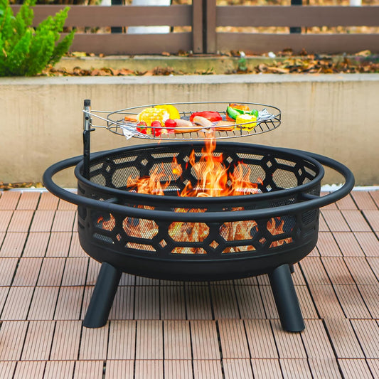 36 Inch Fire Pit, Outdoor Wood Burning Firepit with Removable Grill & Poker, Heavy Duty Metal Round Fireplace,2 in 1 Large Bonfire for Outside,BBQ,Yard,Patio