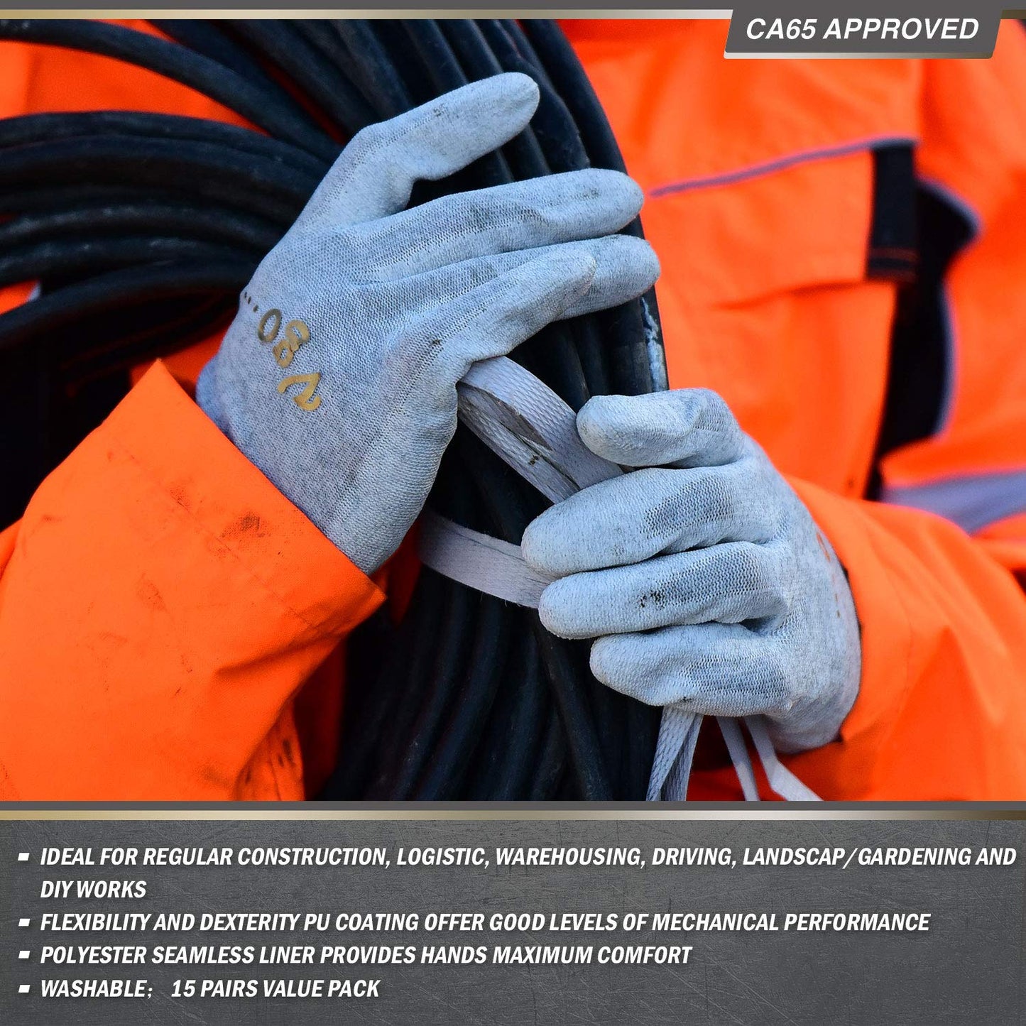 Vgo... 3 Pairs Safety Work Gloves,Gardening Gloves,Polyurethane Coated,Dipping Gloves,Latex Free(Szie L,Gray&White,PU6029)