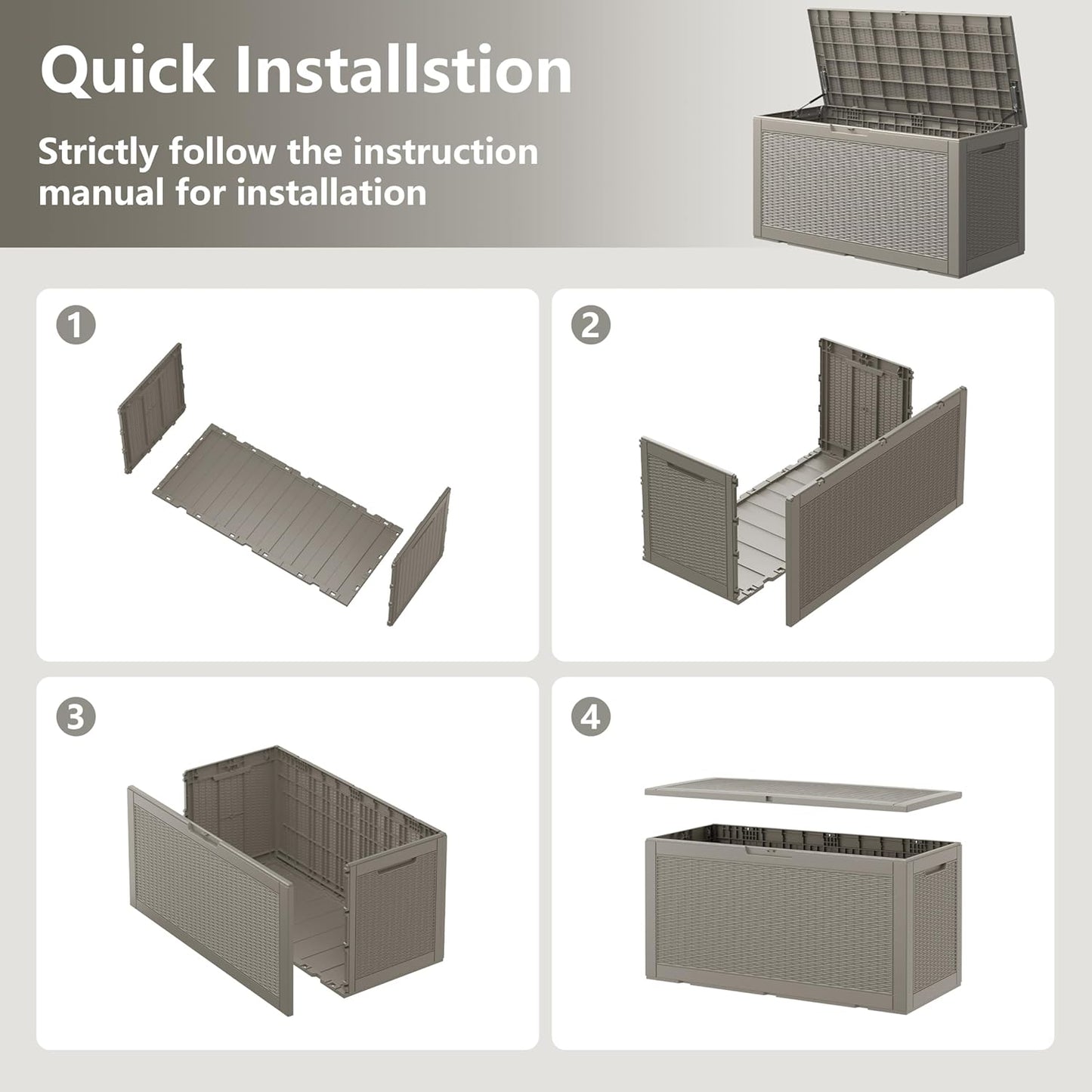 KAMABOKO 101 Gallon Waterproof Large Resin Deck Box, Lockable Large Outdoor Storage Boxes Indoor Outdoor Storage Container for Patio Cushions, Gardening Tools, Pool Supplies, Grey