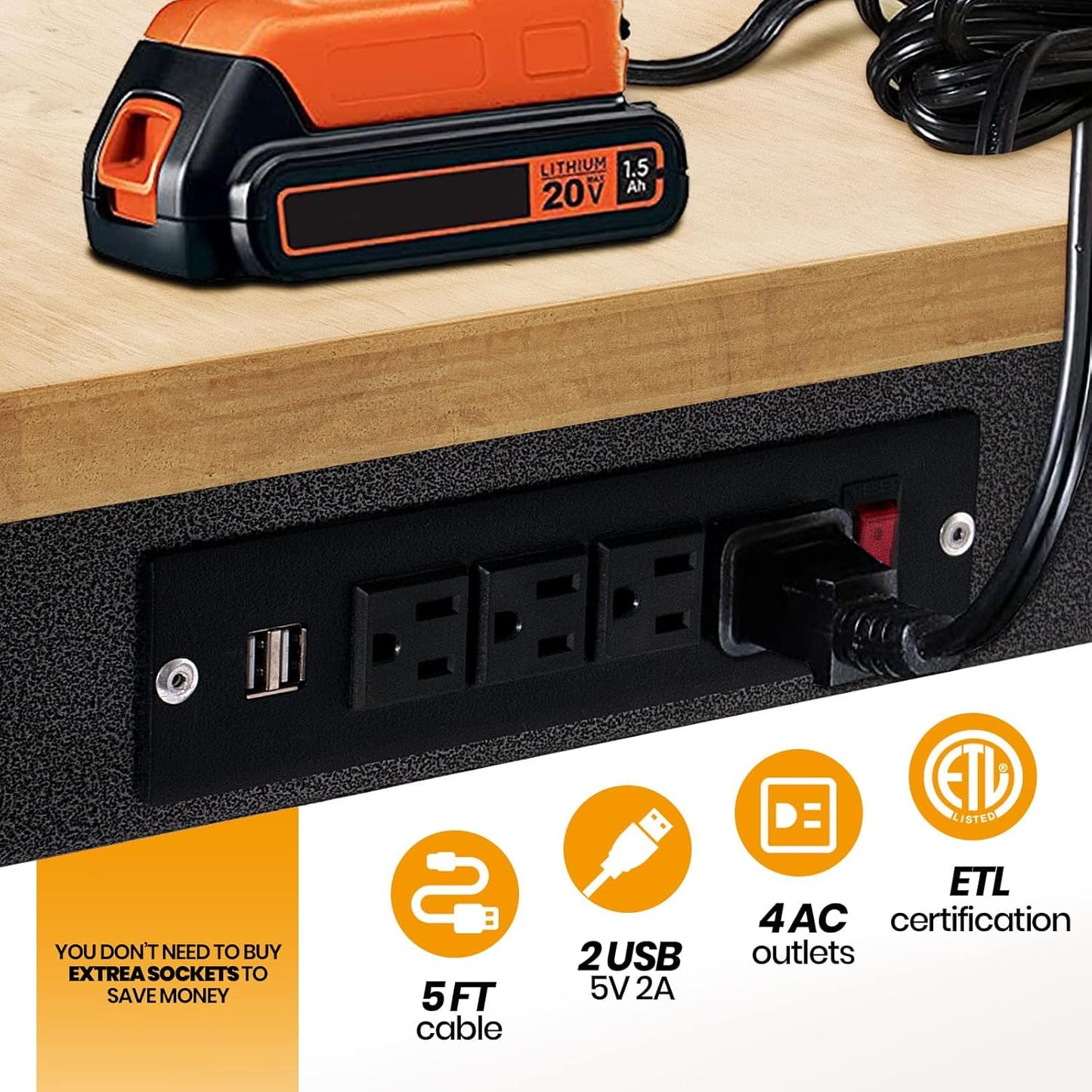 48" Adjustable Work Bench, Rubber Wood Top Workbench Heavy-Duty Work Table with Power Outlet,workbenches Wheels, 2000 LBS Load Capacity Hardwood Work Benches for Garage, Workshop, Home, Office