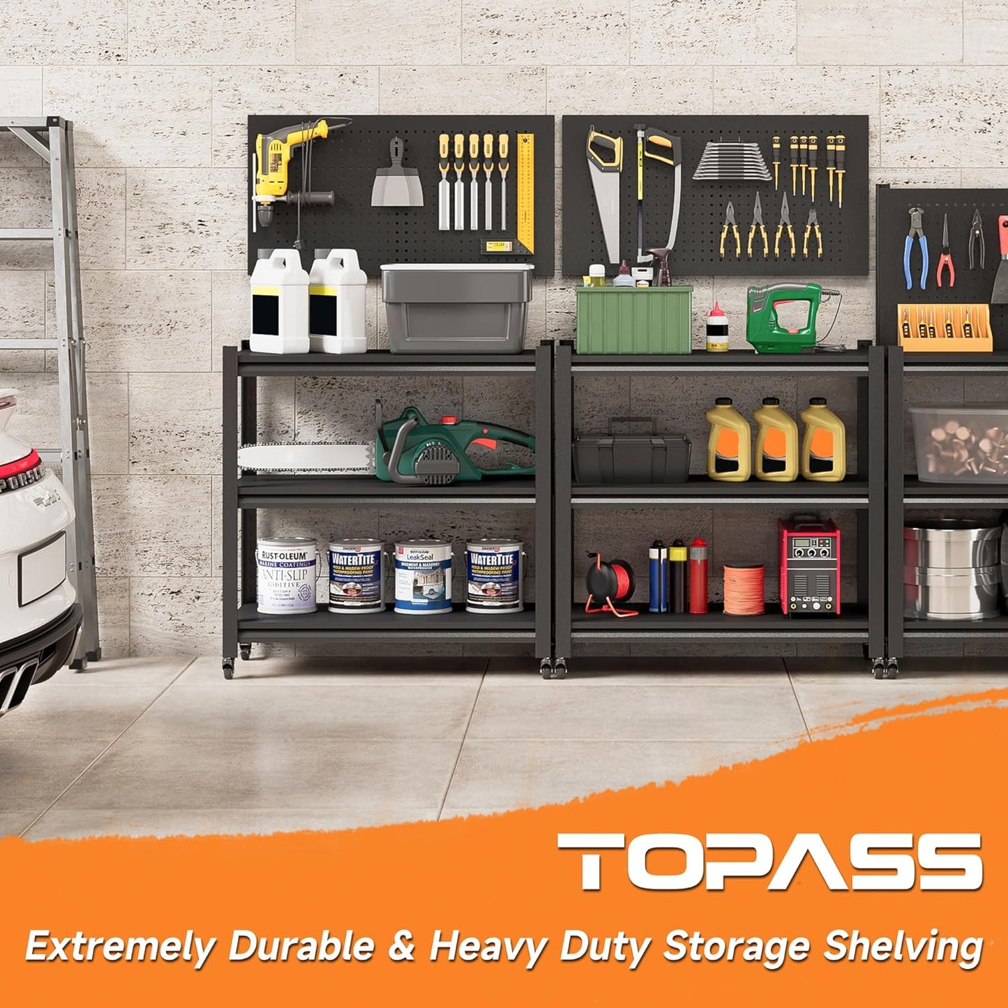 Workbench with Pegboard, Adjustable Heavy Duty Work Table with Wheels, Heavy Duty Workstation, Metal Tool Work Bench for Garage Warehouse Workshop, 48" H x 18" D x 34" W, Black