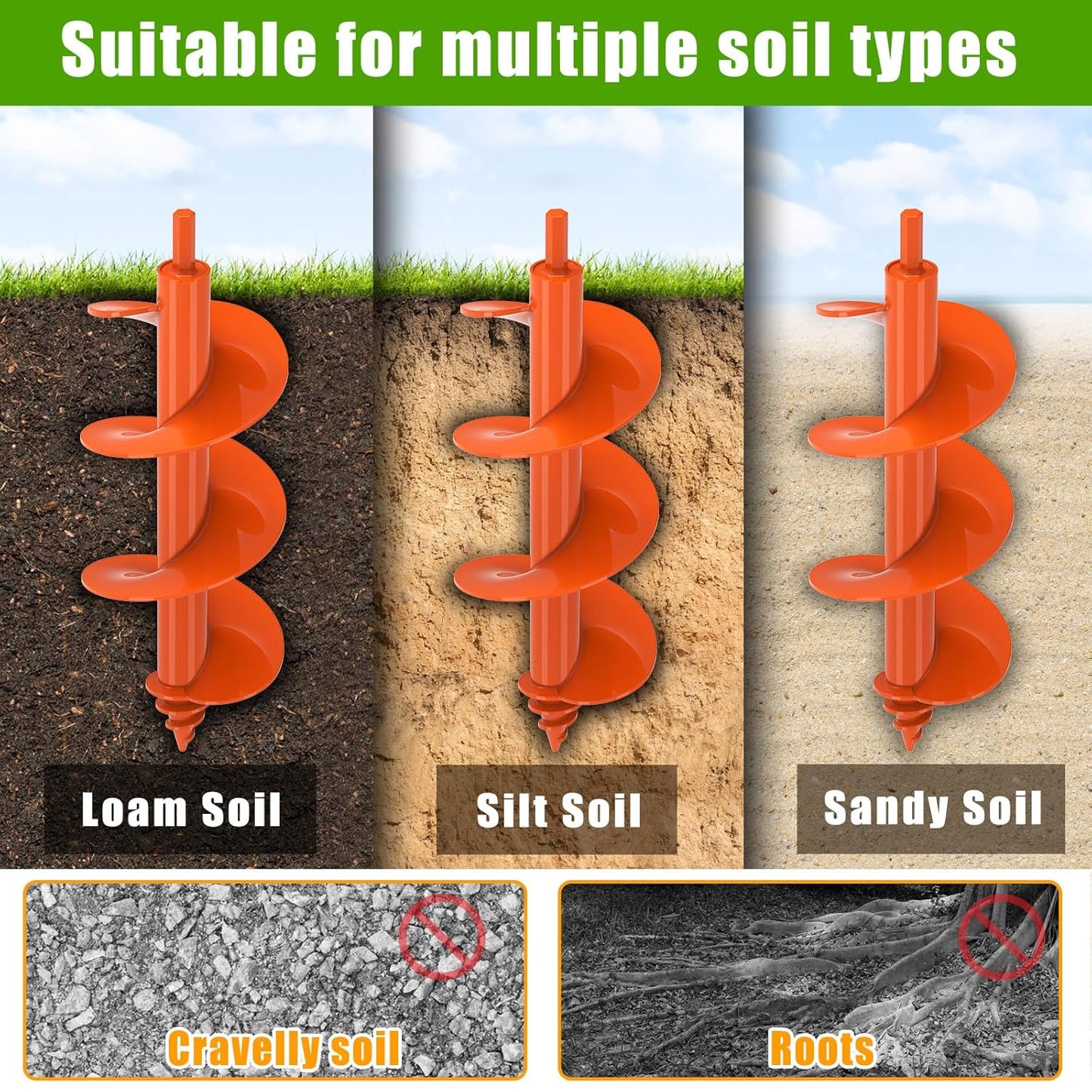 Threaded Auger Drill Bit for Post Hole Digger 4x12'', 3mm Thick Spiral Garden Earth Auger Bulb Drill Bit for Planting, Hole Digger for Fence Posts, Fits 3/8" Hex Drive Drill