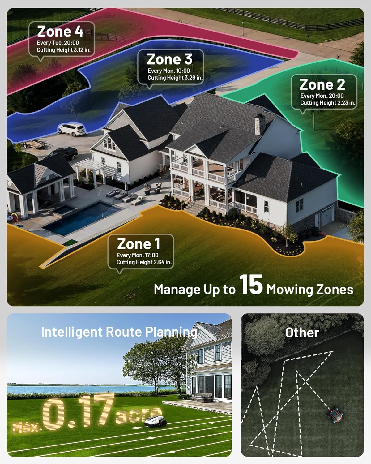 YUKA Mini 500H Robotic Lawn Mower Reception 0.12 Acre,Max. 0.17 Acre, Ultrasense AI Vision+ RTK Positioning, Auto Mapping, App Control, 50% Slope, Cutting Height 2''~3.5'', 15 Mowing Zones