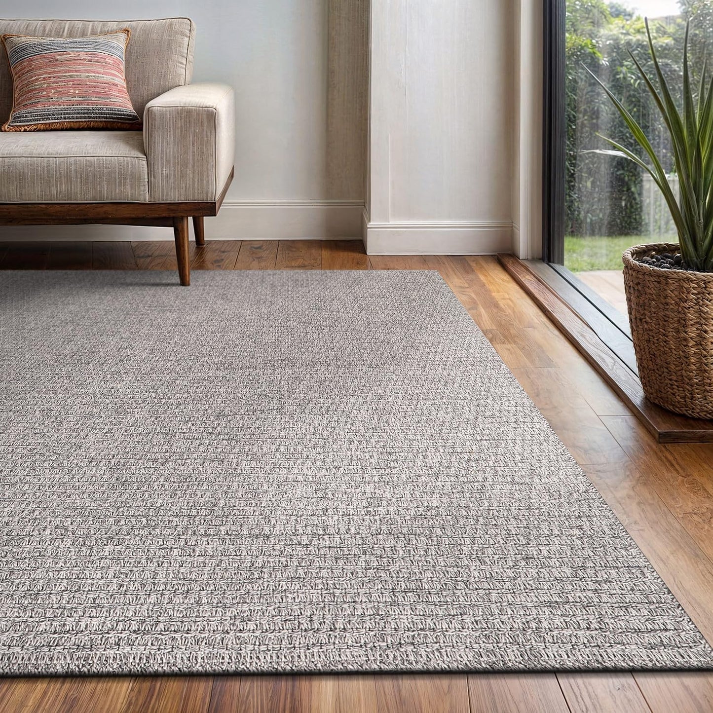 Easy Jute Rug 8x10 Indoor Outdoor Natural Rugs Solid Fiber Rug Woven Area Rug Boho Easy Clean Inside Carpet for Living Room Bedroom Dining Room Hallway or Outdoor Patio Porch (8 X 10 Silver)