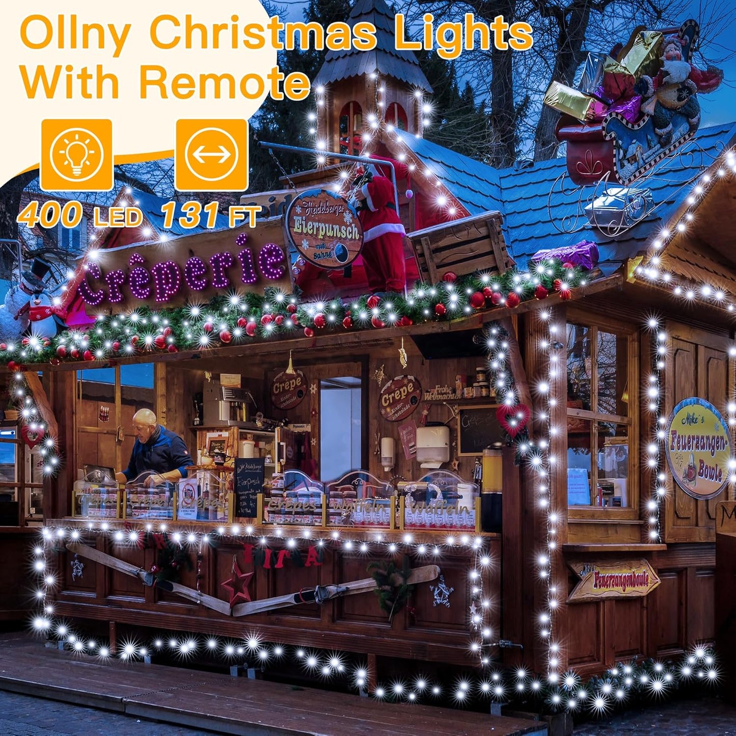 Ollny Christmas Lights Outdoor 400LED 131FT, Cool White Fairy Lights with Remote 3 Timer, Plug in 8 Modes String Lights for Bedroom Indoor Outside House Party Xmas Decorations