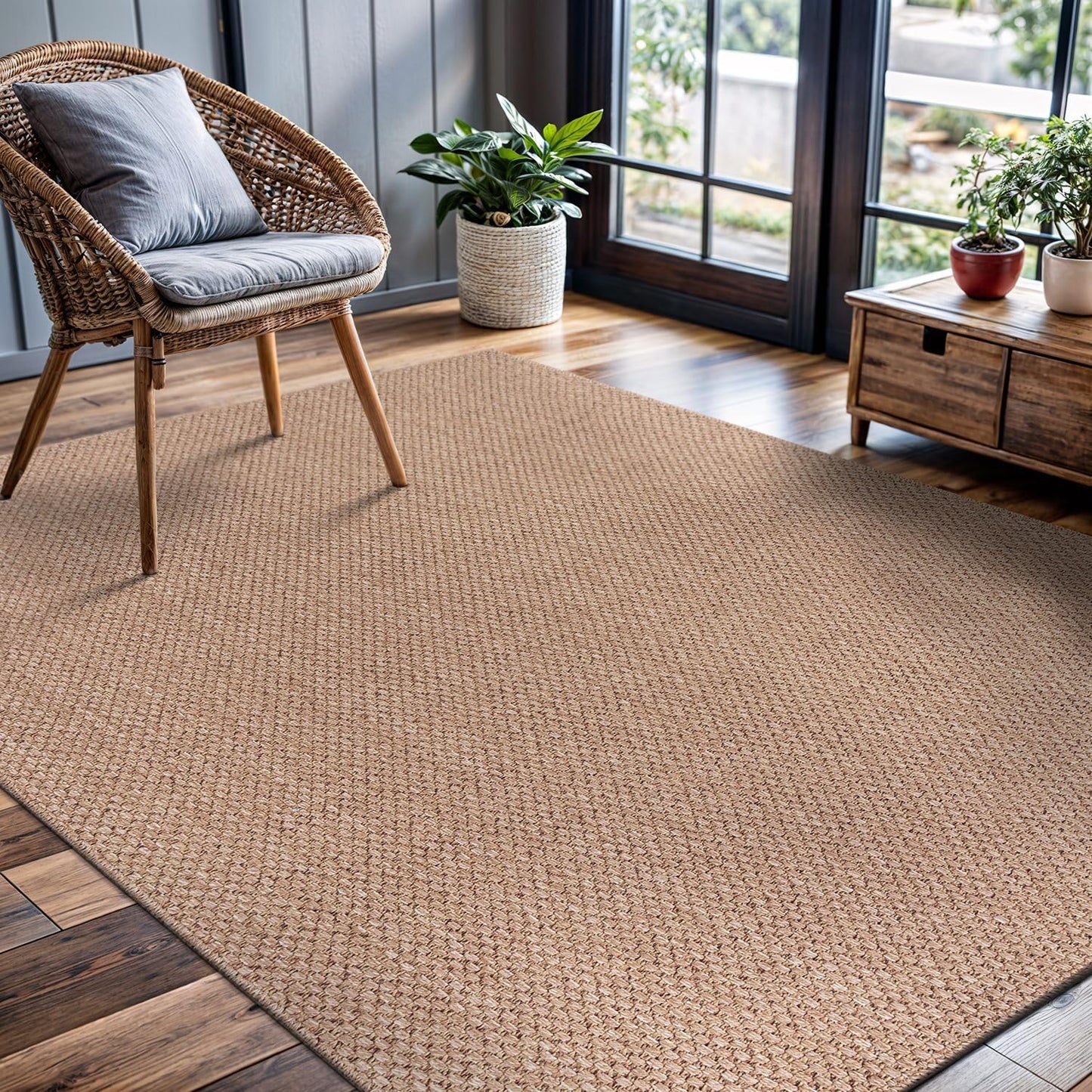 CAMILSON Easy Jute Rug 4x6, Indoor Outdoor Natural Color Farmhouse Area Rugs for Living Room Patio and Kitchen Rug, Solid Boho Woven Design, Easy-Cleaning, Washable Outside Carpet Alfombras (4 x 6)