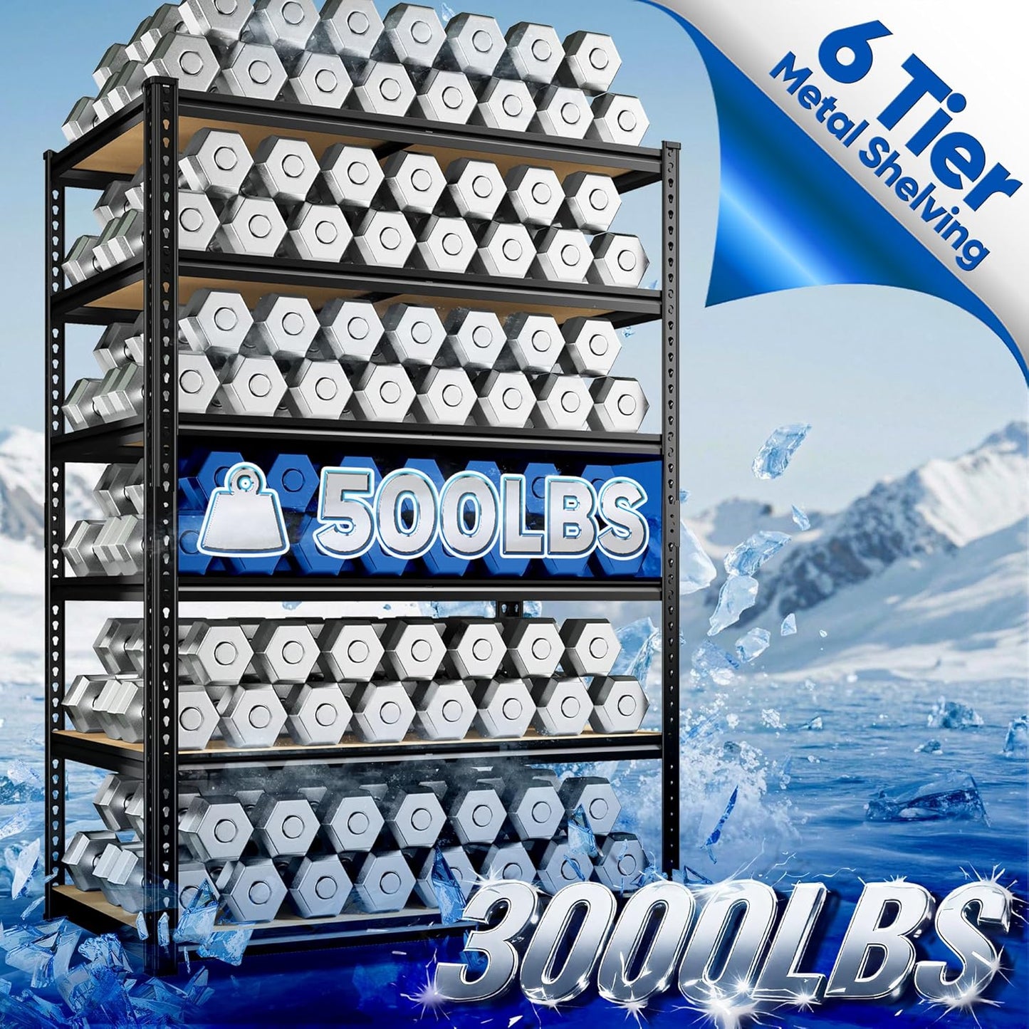 84" H Garage Shelving, 6 Tier Storage Shelves Load 3000 lbs, Adjustable Garage Shelves, Metal Shelving Unit for Warehouse, Basement, Pantry, 40" Wx 16" D x 84" H, Black