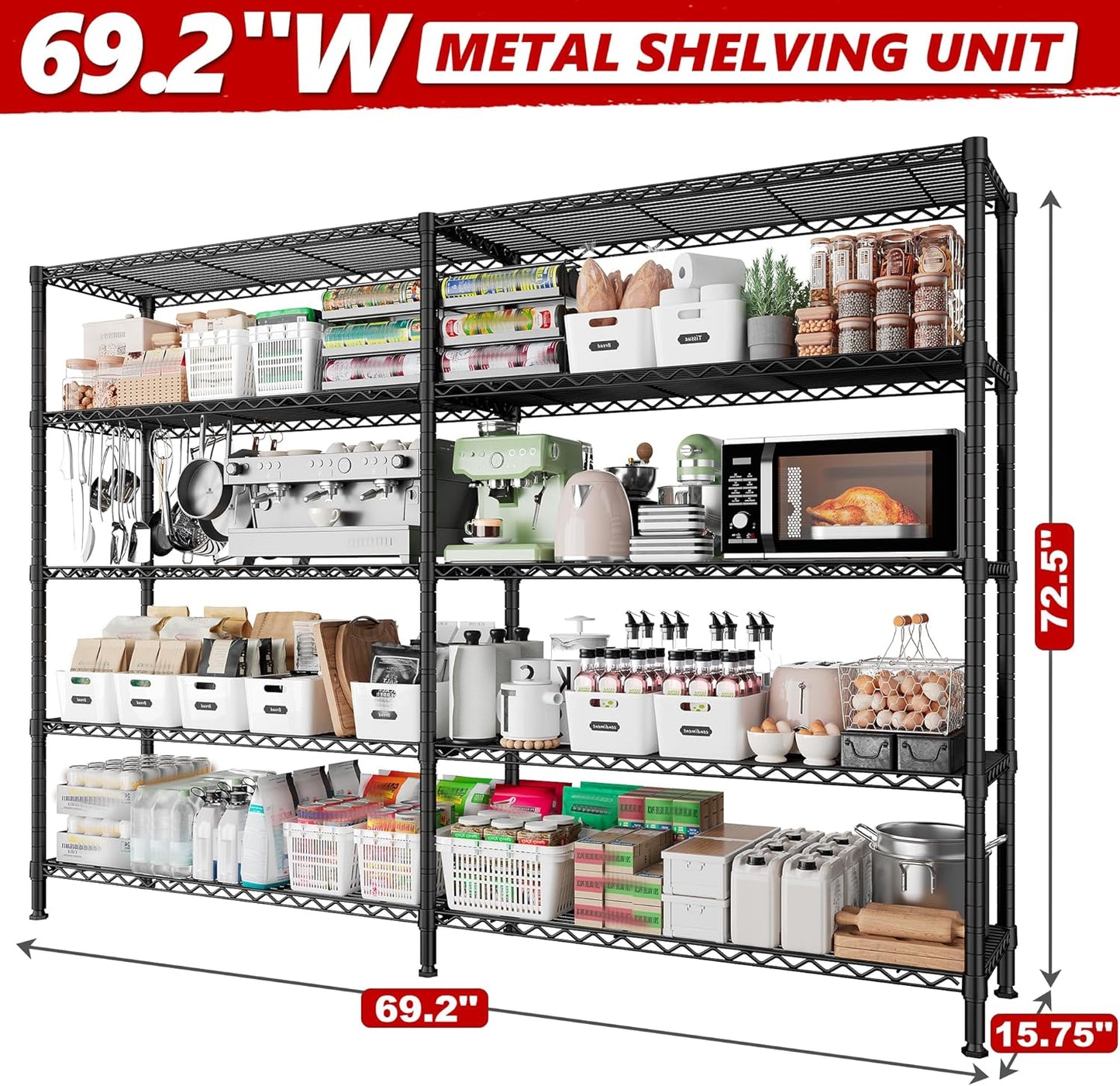 REIBII 70" W Storage Shelves Heavy Duty Load 1600LBS, Metal Shelving 5-Tier Wire Shelving Unit Metal Shelves for Storage Adjustable Shelving Rack for Pantry Kitchen 70" W*15.8" D*72.4" H, 2 Pack