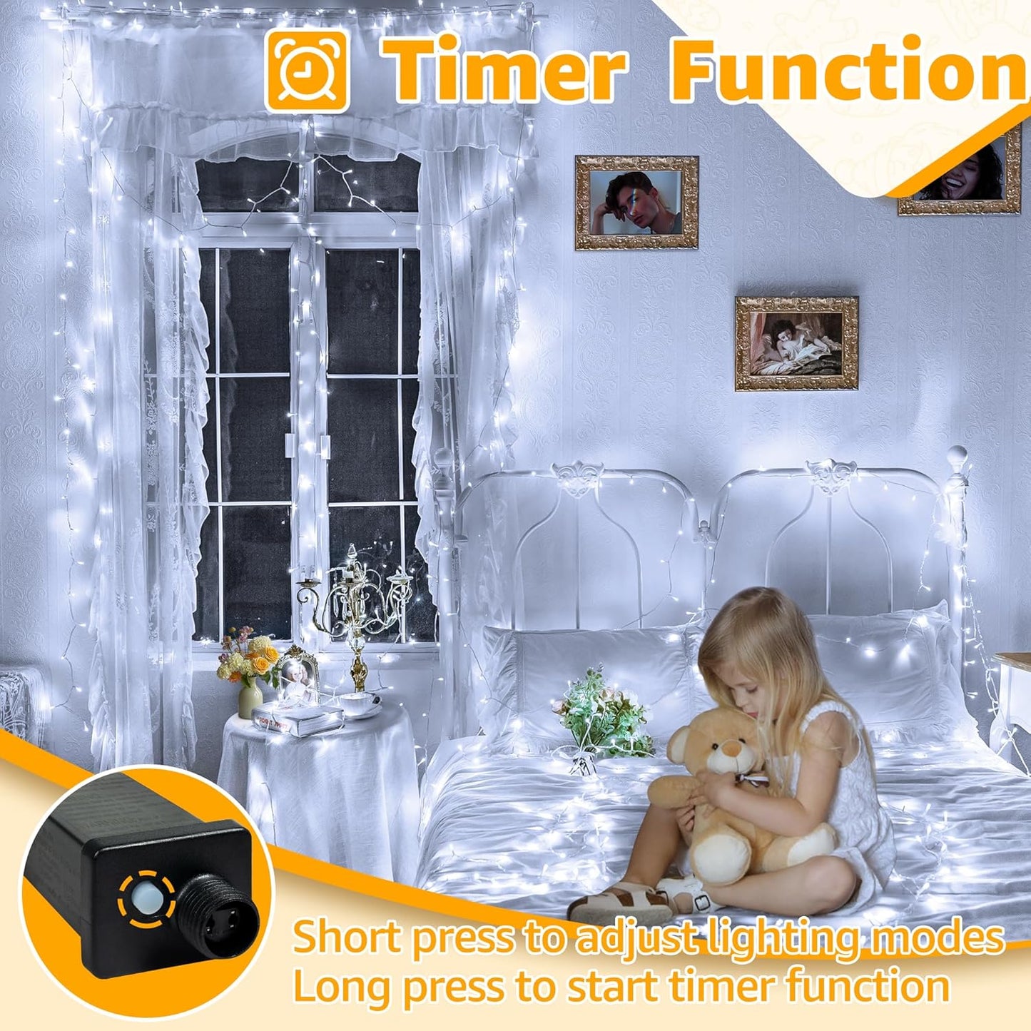 Ollny 120LED 40FT String Lights, Waterproof Connectable Fairy Lights with Timer 8 Modes, Cool White Plug in Christmas Light for Indoor Outdoor Patio Party Bedroom Classroom Decor