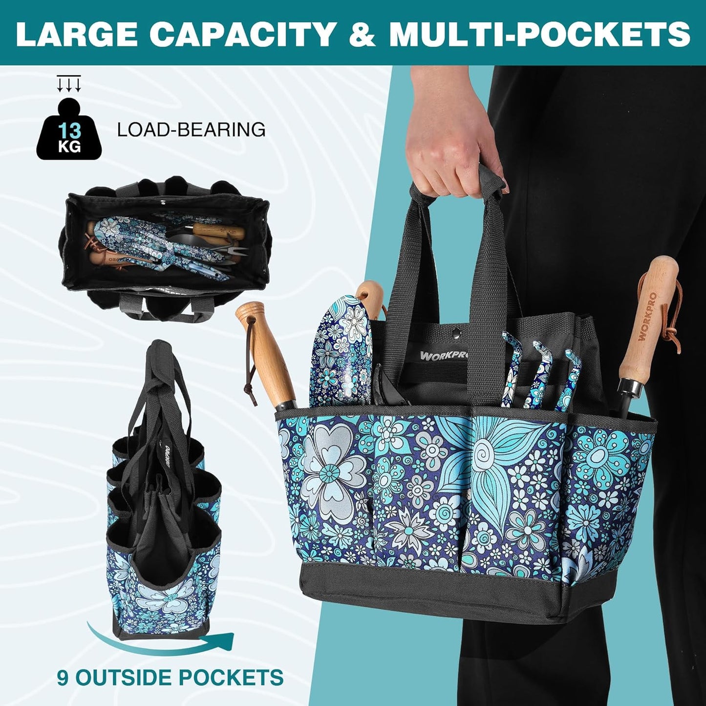 WORKPRO Garden Tool Bag, 9 Pockets Gardening Bag, Heavy Duty Oxford Garden Tote Caddy (Tools NOT Included), 12" x 12" x 6" (Floral Blue)