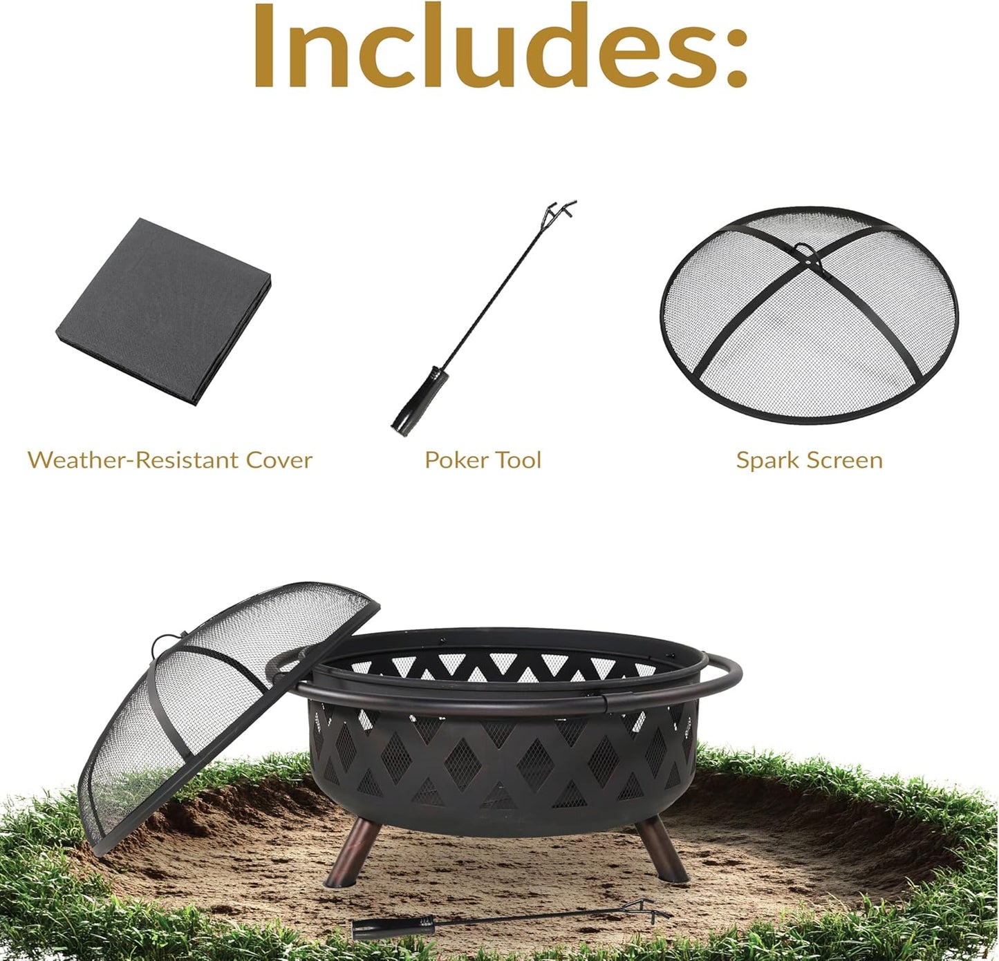 Sunnydaze Crossweave Outdoor Fire Pit - Wood-Burning Fire Pit for Outside with Spark Screen, Poker and Round Cover - 36-Inch - Black