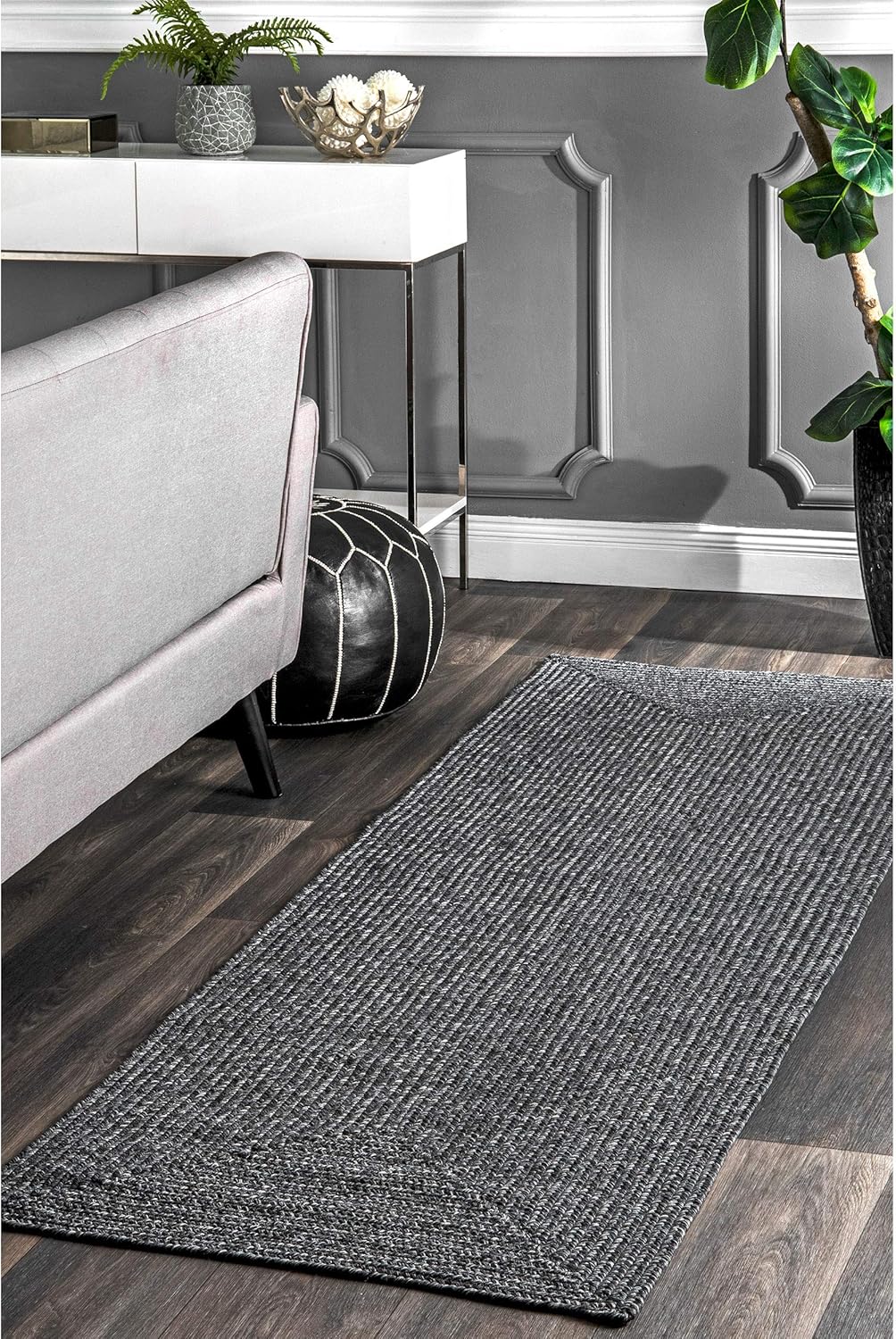 nuLOOM 2' x 12' Solid Hand Braided Indoor/Outdoor Area Rug, Pet-Friendly, High Traffic, Weather Resistant, for Patio, Balcony, Bedroom, Living, Dining Room, Wynn Charcoal